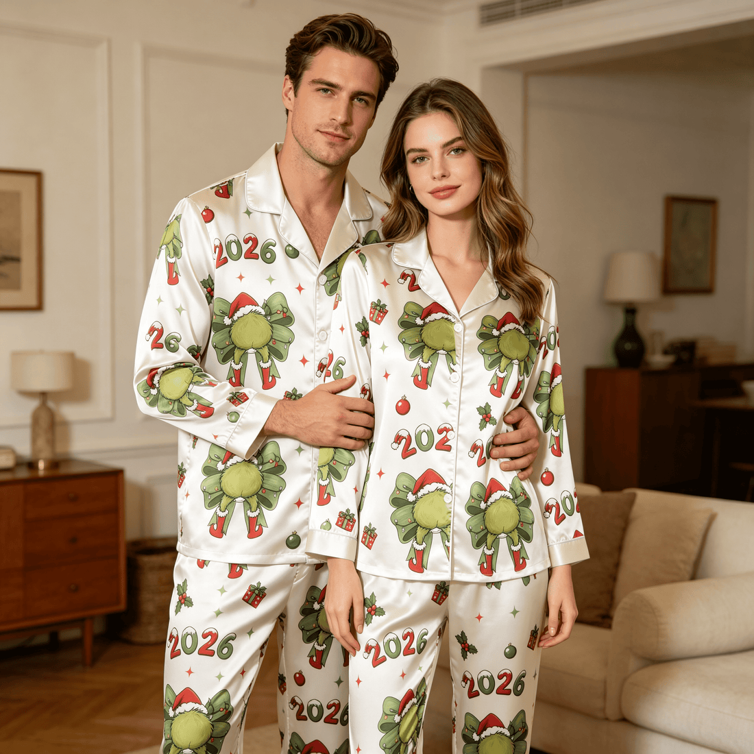 Holiday 2026 Theme Print Satin Matching Pajamas for Couples – Long Sleeve Button-Down Top & Pants Sleepwear Set