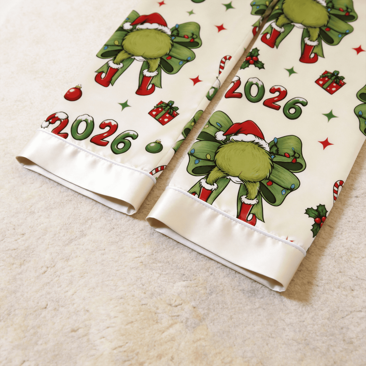 Holiday 2026 Theme Print Satin Matching Pajamas for Couples – Long Sleeve Button-Down Top & Pants Sleepwear Set