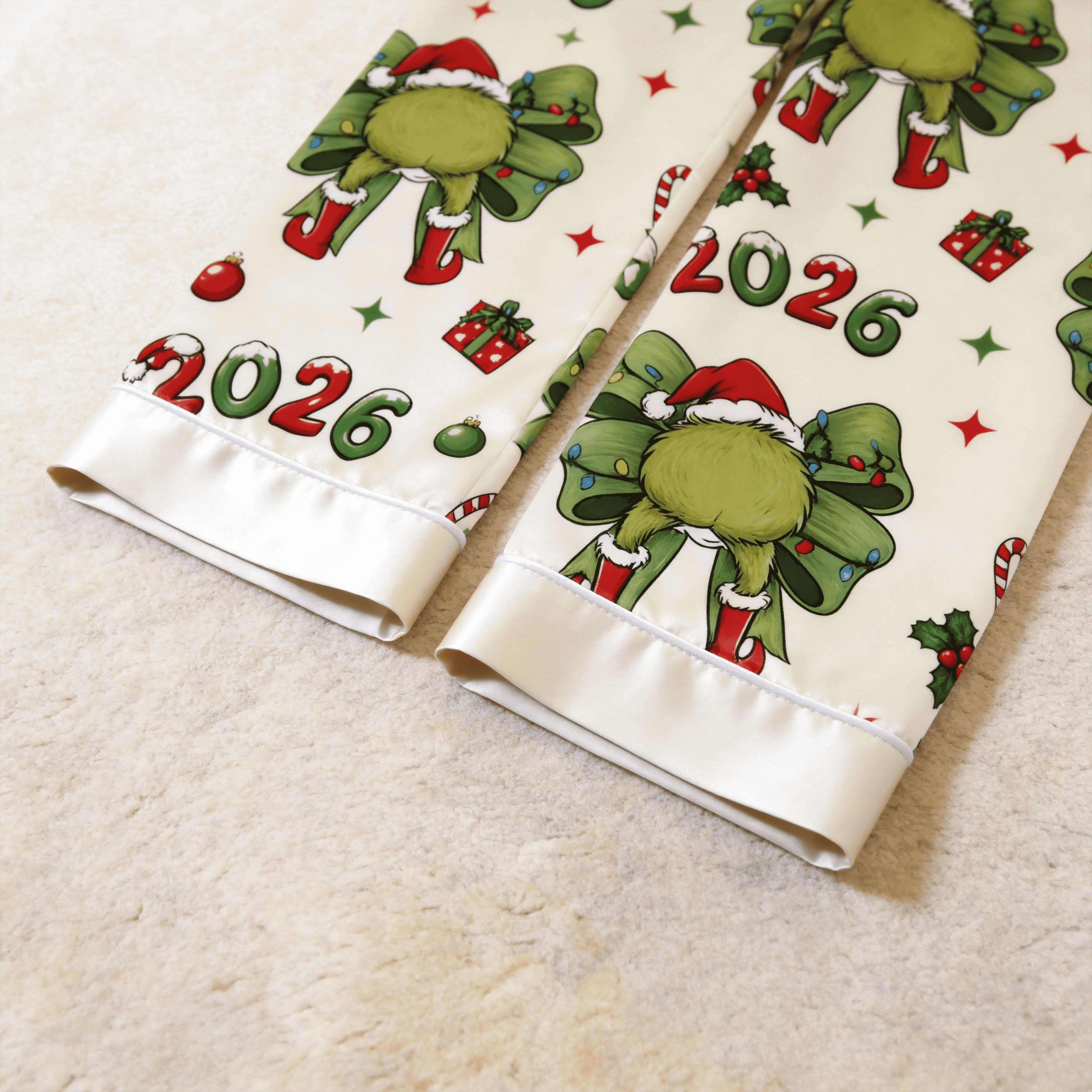 2026 Green Bow & Santa Hat Print Satin Button-Up Family Christmas Pajamas Set