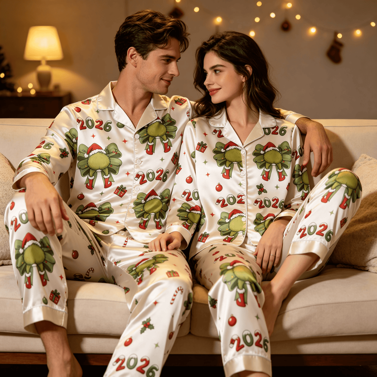 Holiday 2026 Theme Print Satin Matching Pajamas for Couples – Long Sleeve Button-Down Top & Pants Sleepwear Set