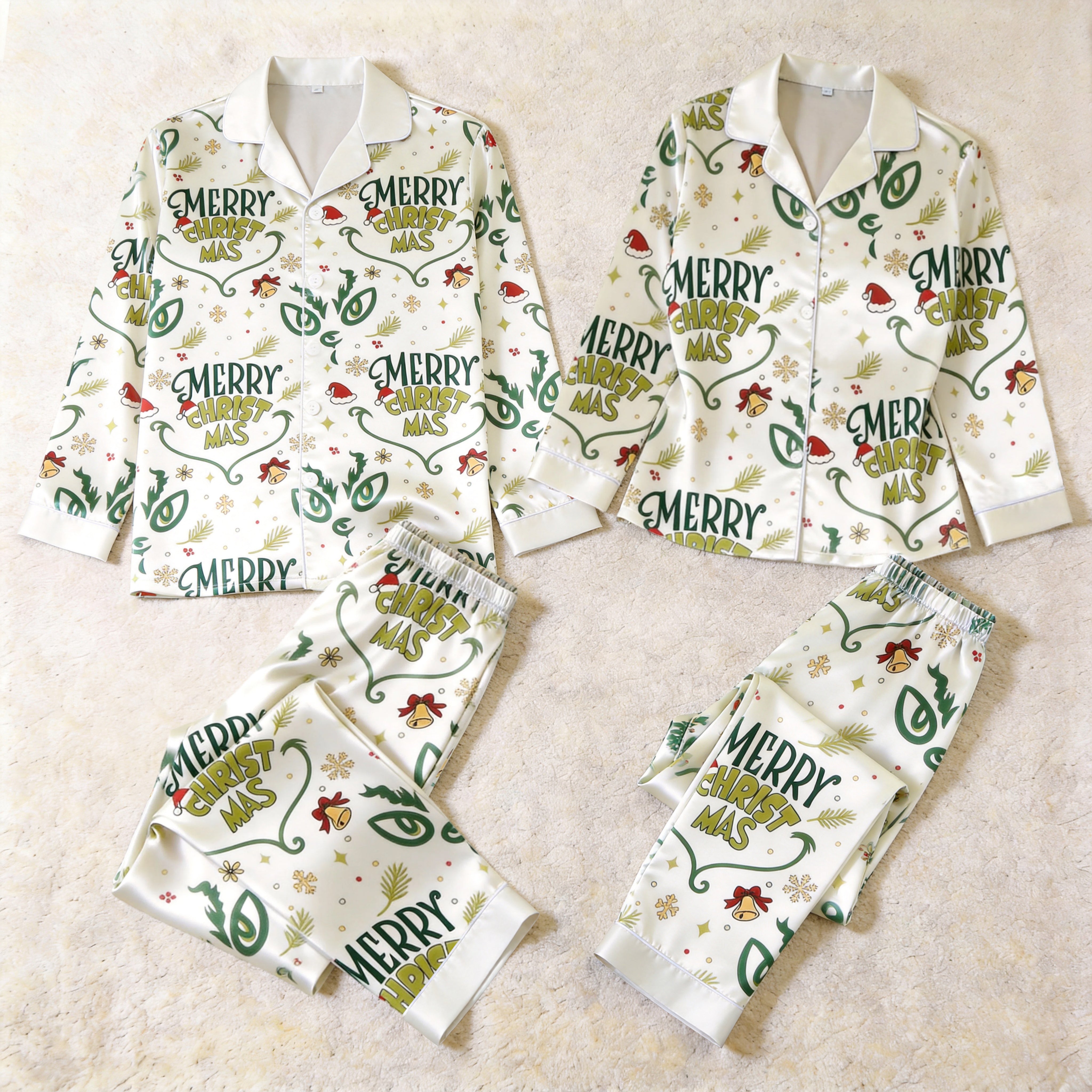 Merry Christmas Satin Matching Pajamas for Couples – Long Sleeve Button-Down Top & Pants Sleepwear Set