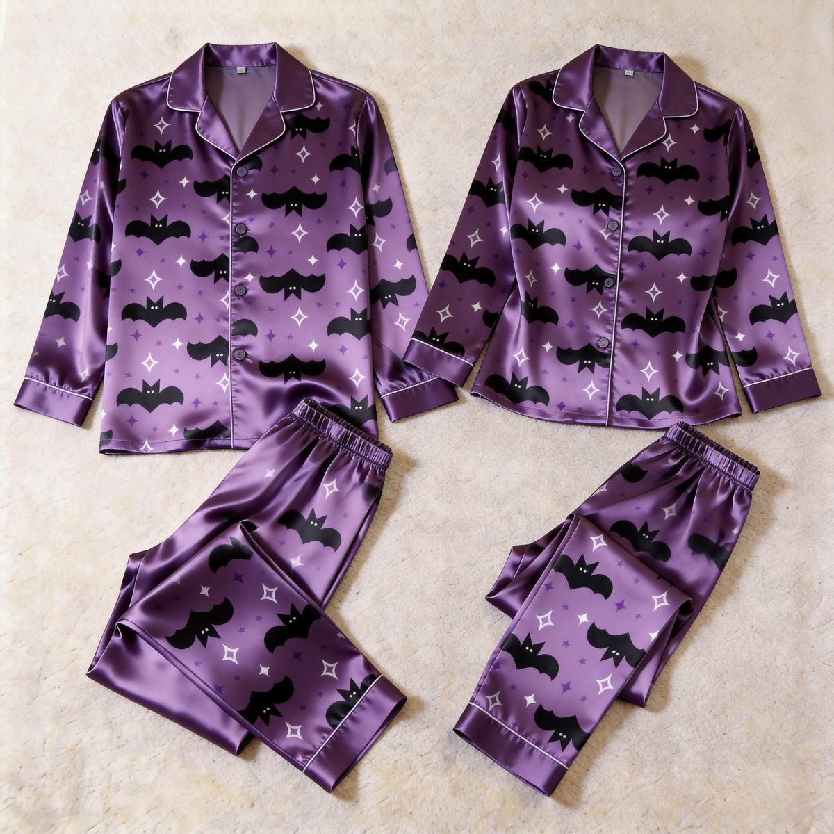 Bat and Star Print Satin Matching Pajamas for Couples – Long Sleeve Button-Down Top & Pants Sleepwear Set