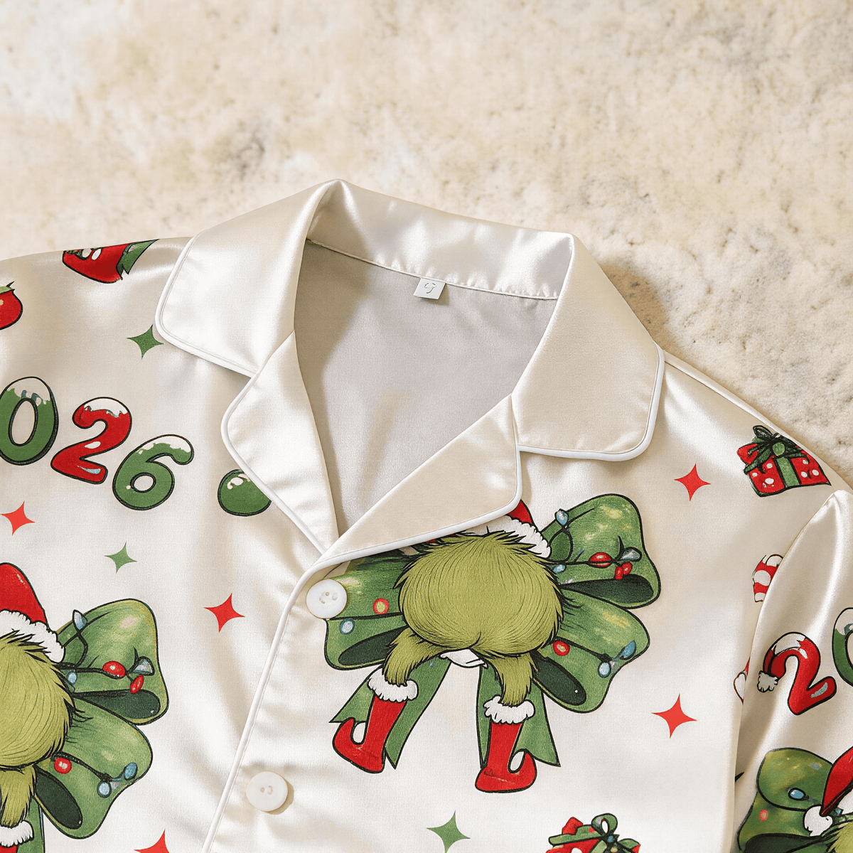 Holiday 2026 Theme Print Satin Matching Pajamas for Couples – Long Sleeve Button-Down Top & Pants Sleepwear Set