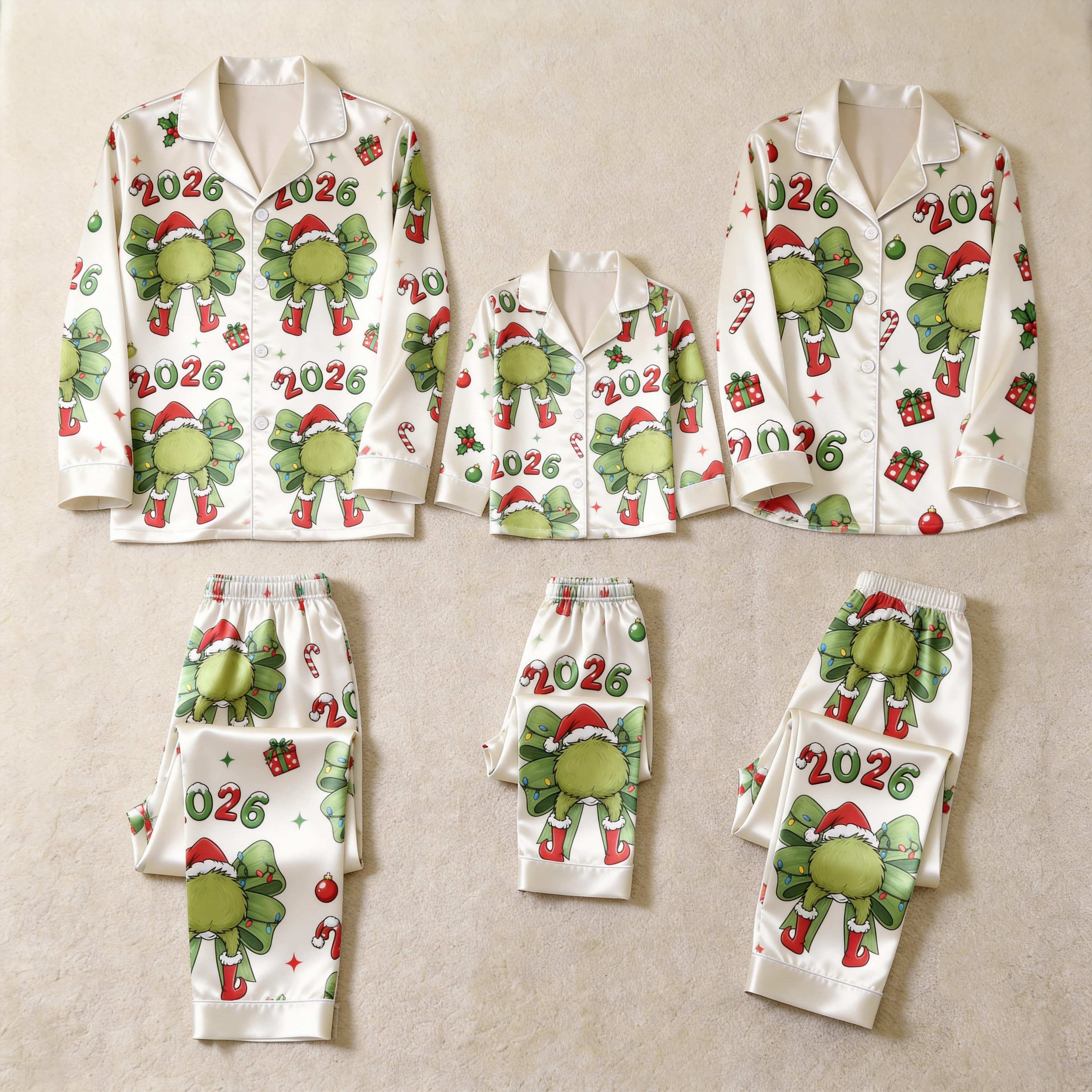 2026 Green Bow & Santa Hat Print Satin Button-Up Family Christmas Pajamas Set