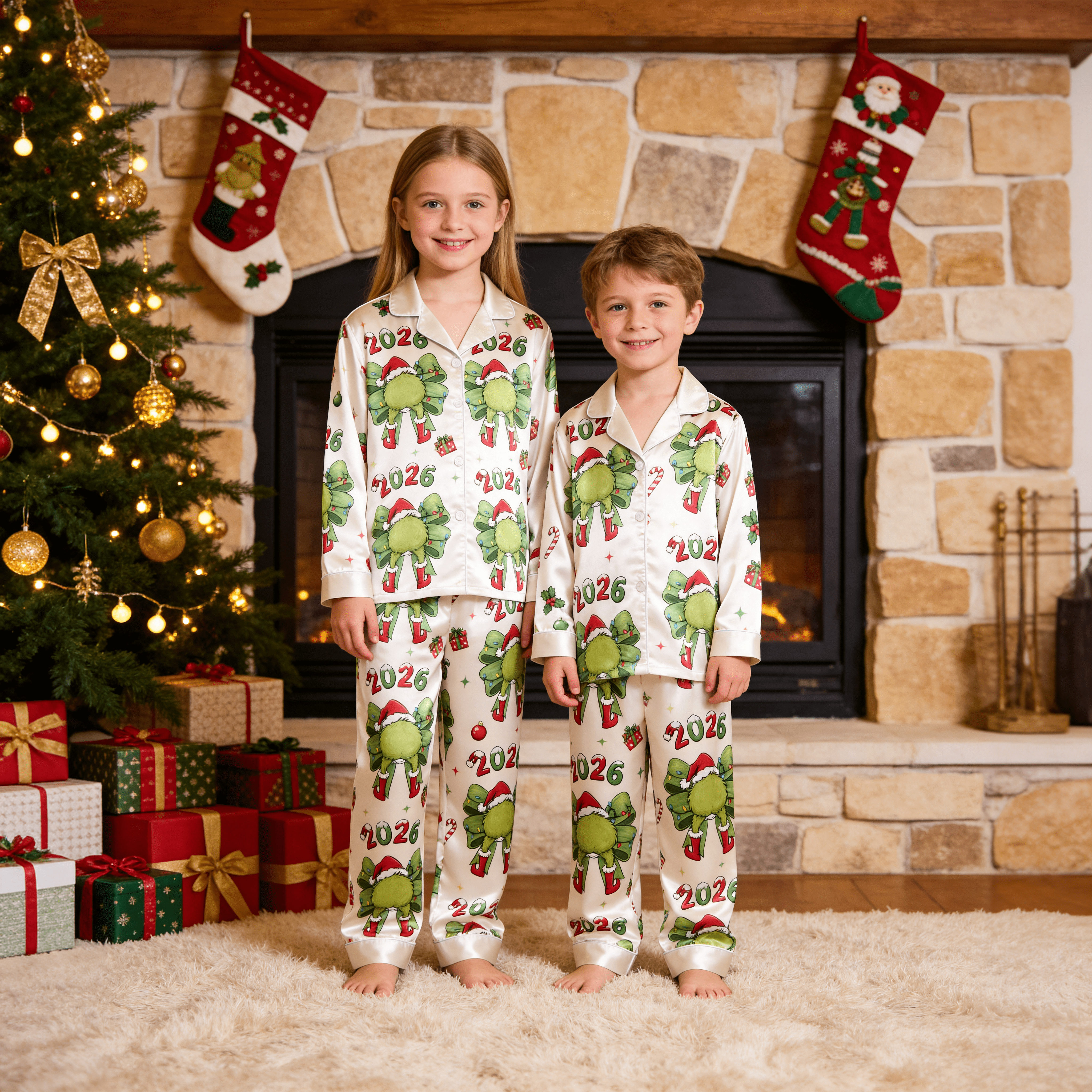 2026 Green Bow & Santa Hat Print Satin Button-Up Family Christmas Pajamas Set