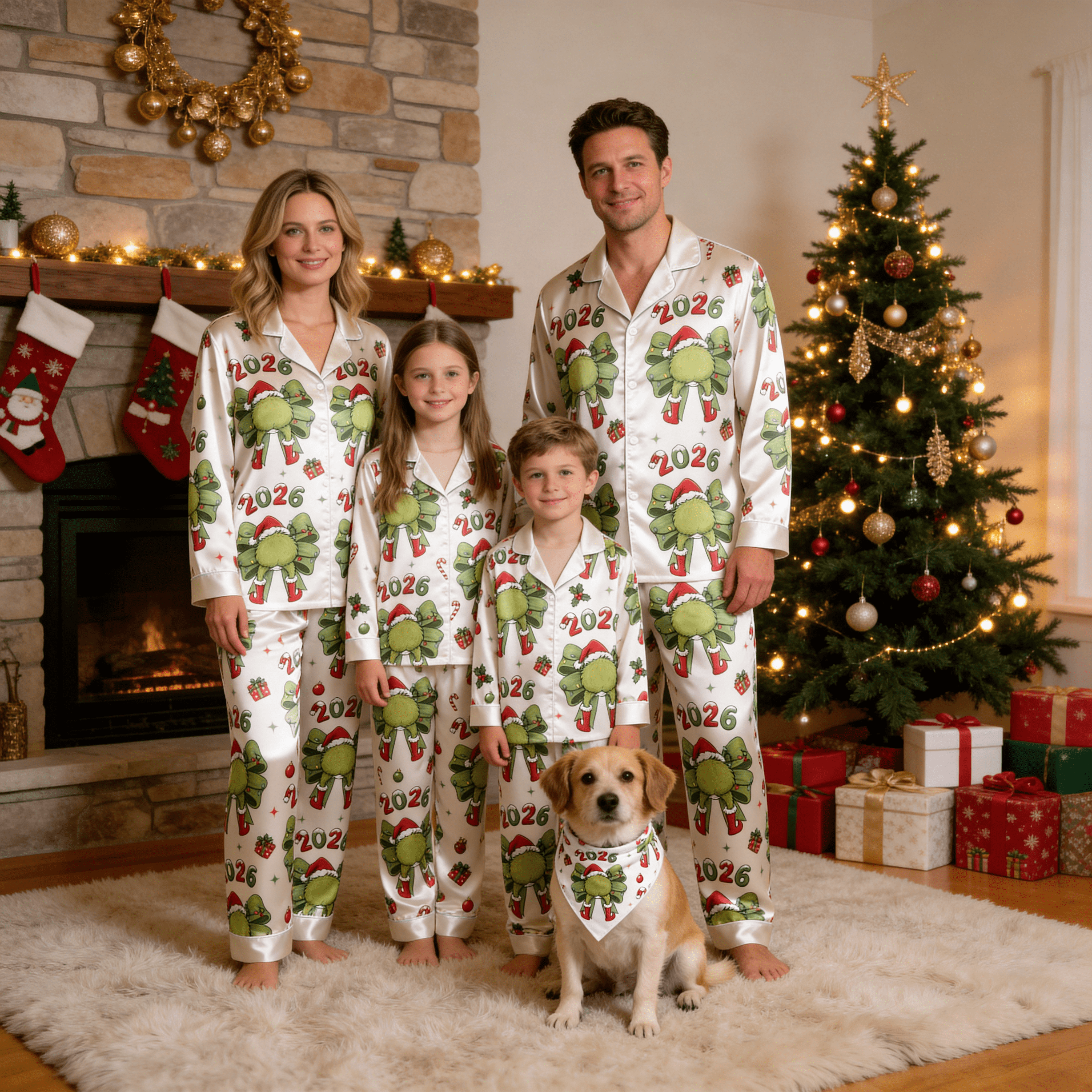 2026 Green Bow & Santa Hat Print Satin Button-Up Family Christmas Pajamas Set