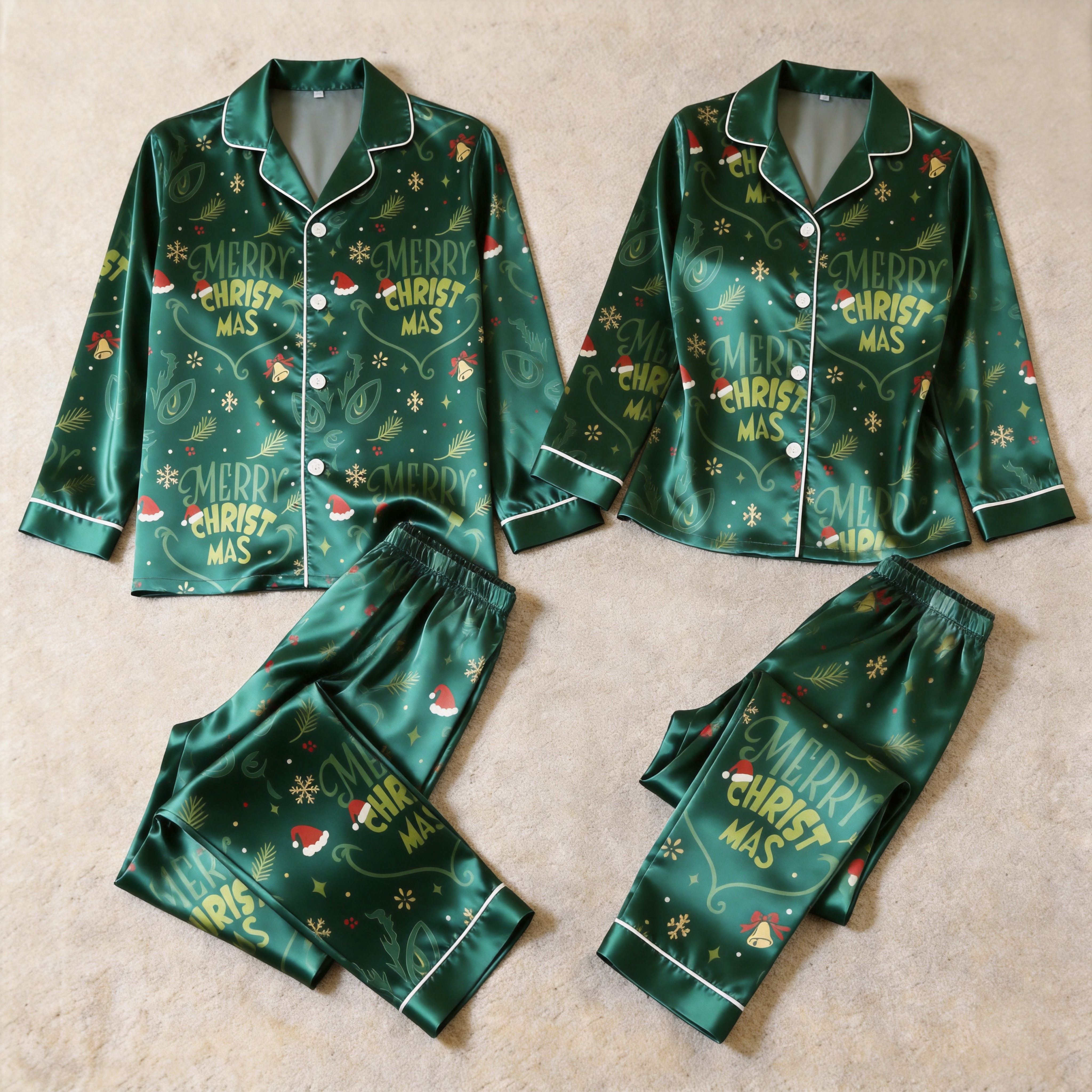 Merry Christmas Satin Matching Pajamas for Couples – Long Sleeve Button-Down Top & Pants Sleepwear Set