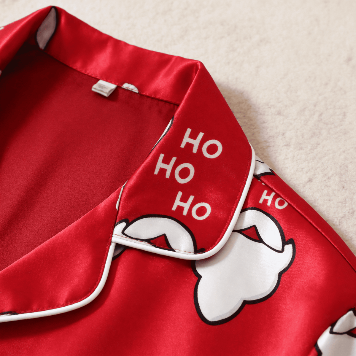 Santa Beard and "HO HO" Satin Matching Pajamas for Couples – Long Sleeve Button-Down Top & Pants Sleepwear Set