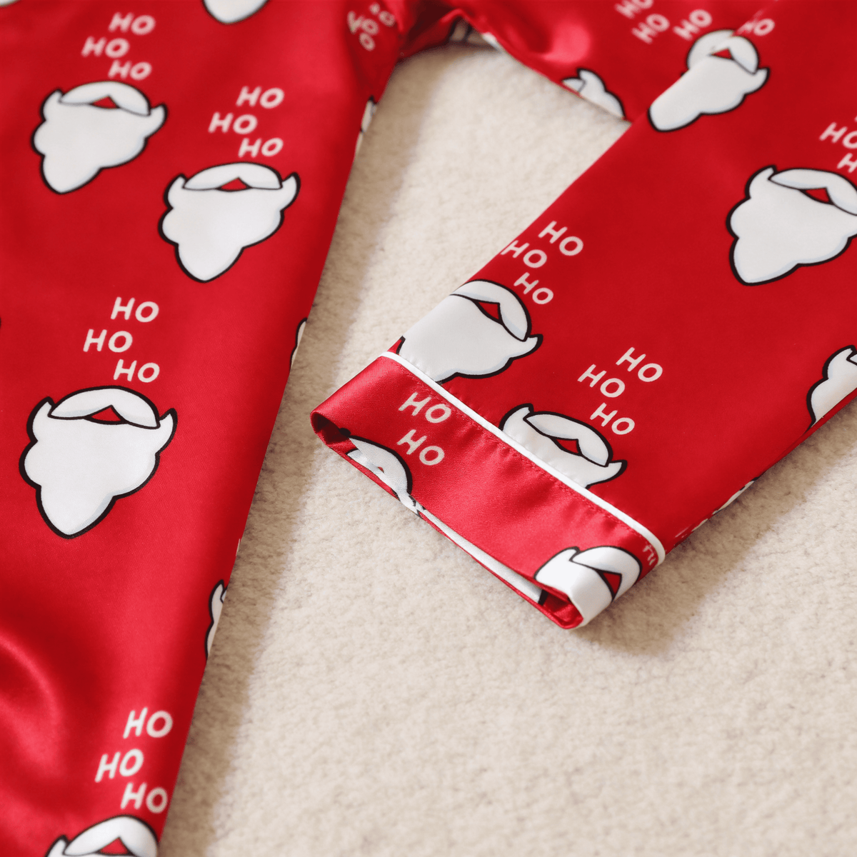 Santa Beard and "HO HO" Satin Matching Pajamas for Couples – Long Sleeve Button-Down Top & Pants Sleepwear Set