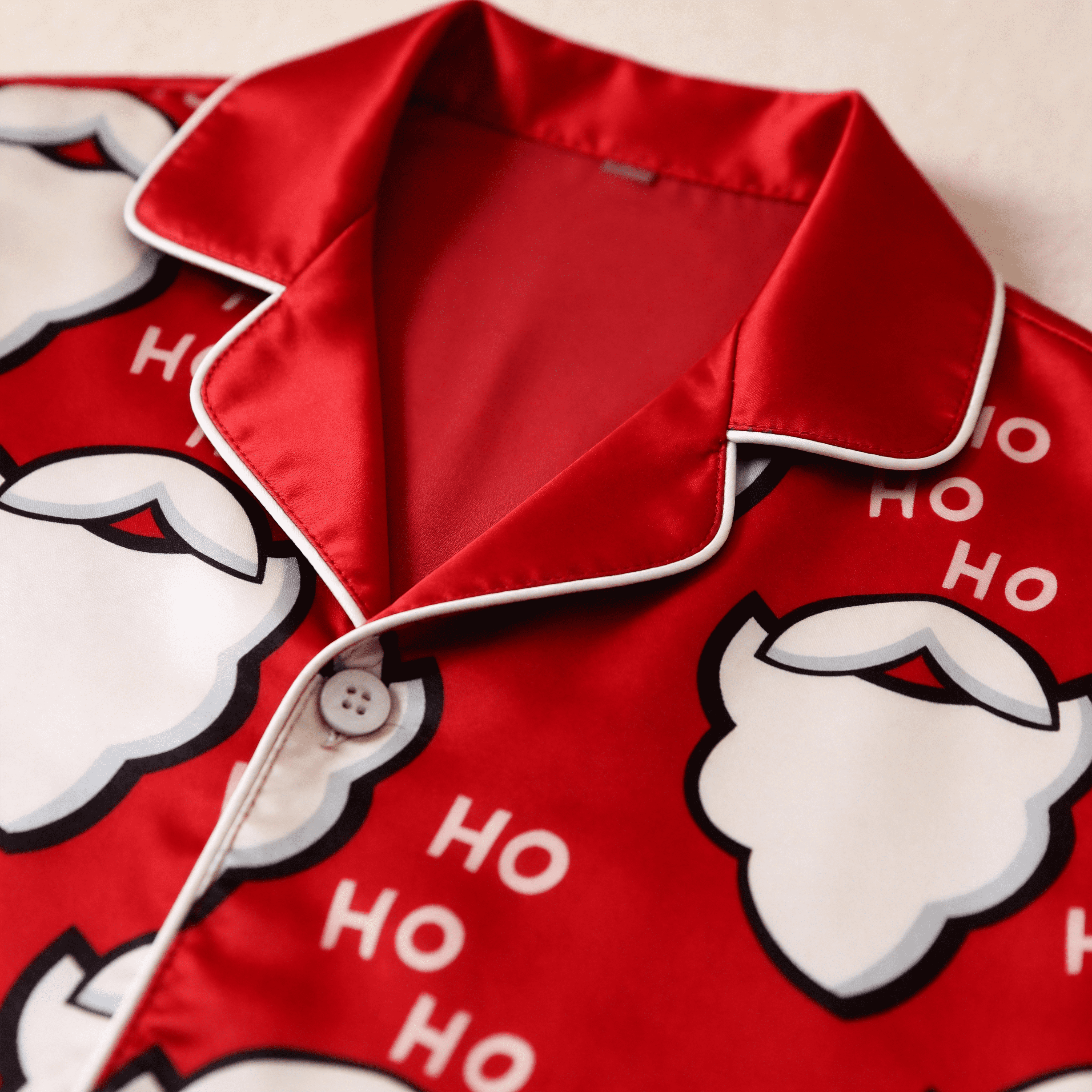 Red Santa Beard & Ho Ho Ho Text Print Satin Button-Up Family Christmas Pajamas Set