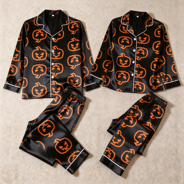 Pumpkin Print Black Satin Matching Pajamas for Couples – Long Sleeve Button-Down Top & Pants Sleepwear Set