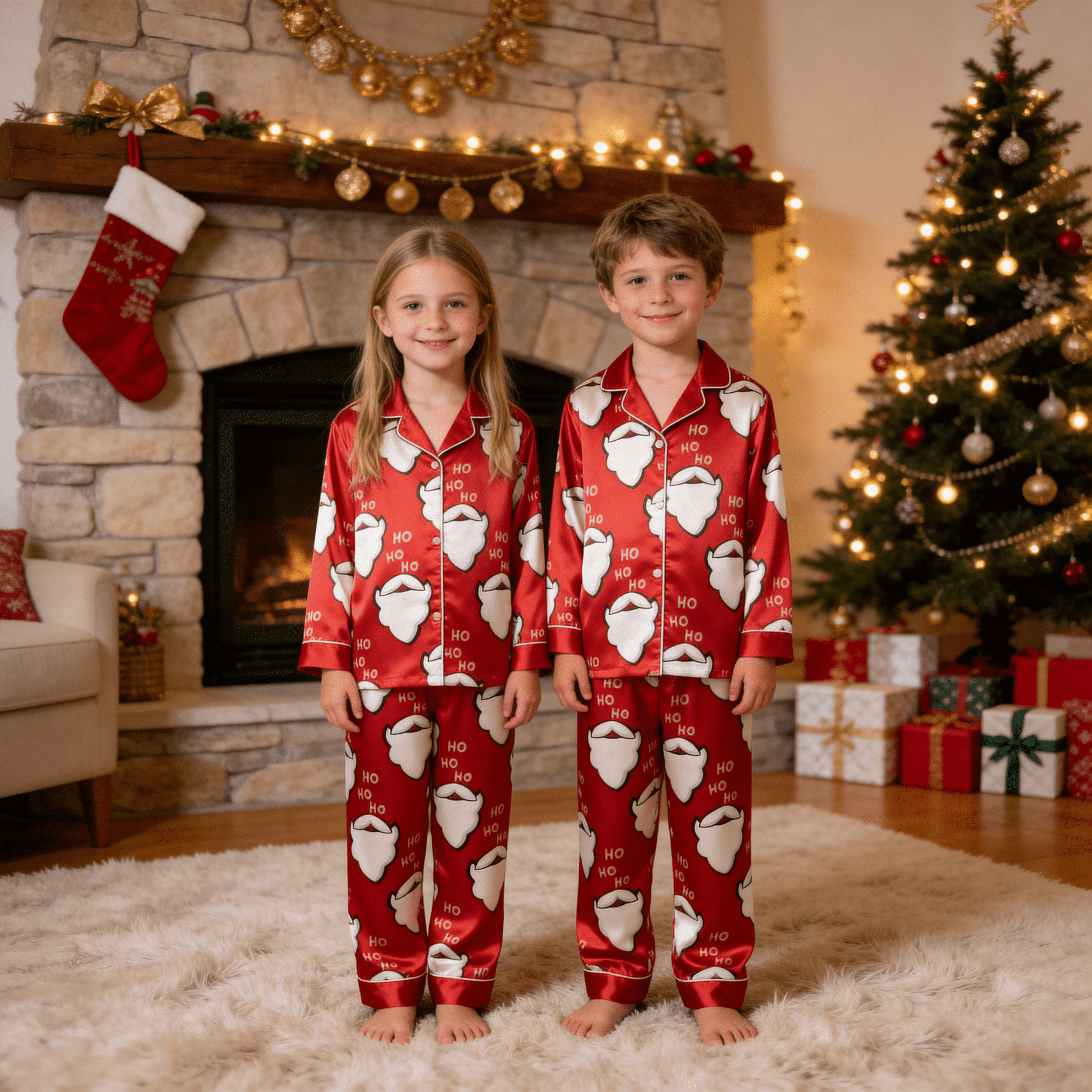 Red Santa Beard & Ho Ho Ho Text Print Satin Button-Up Family Christmas Pajamas Set