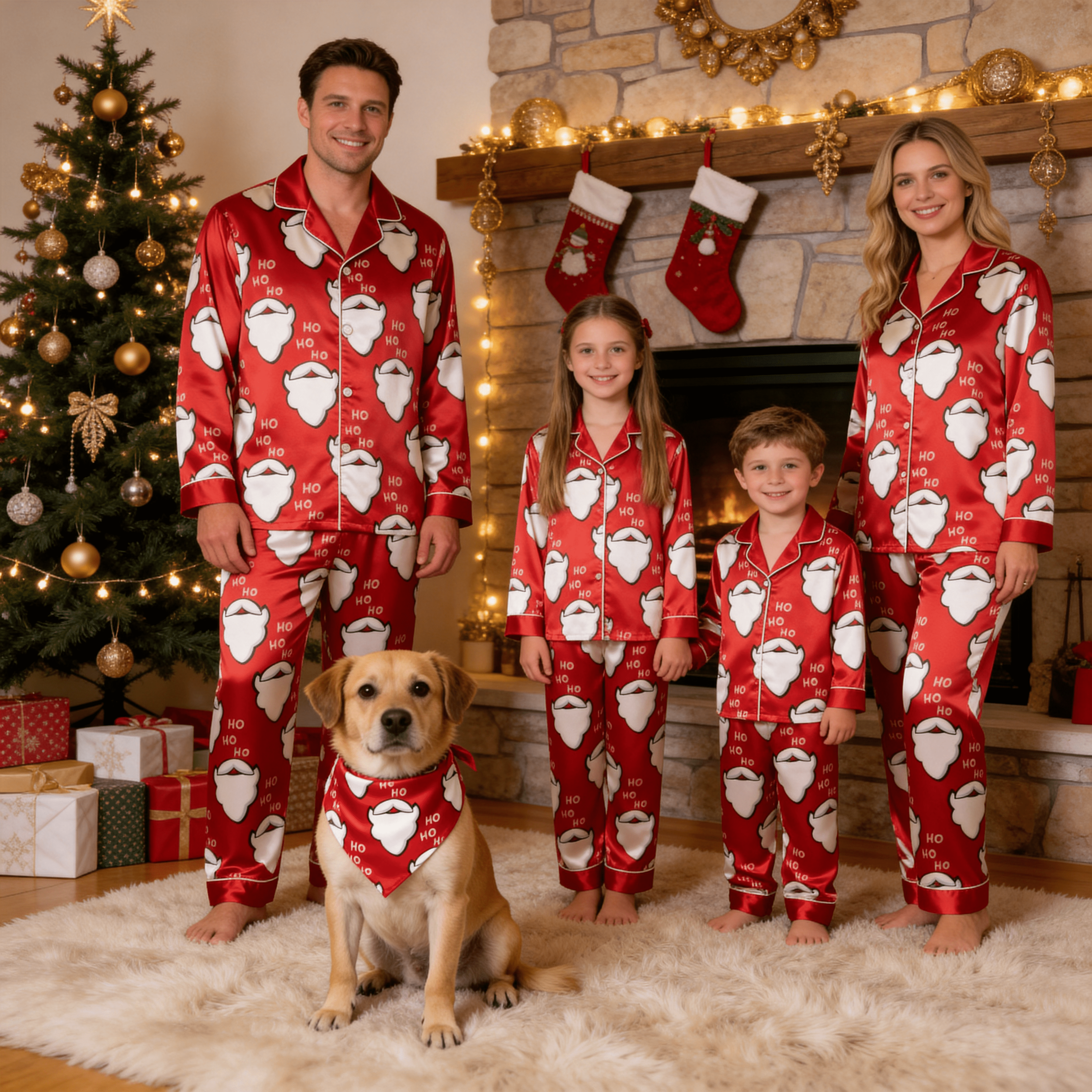 Red Santa Beard & Ho Ho Ho Text Print Satin Button-Up Family Christmas Pajamas Set