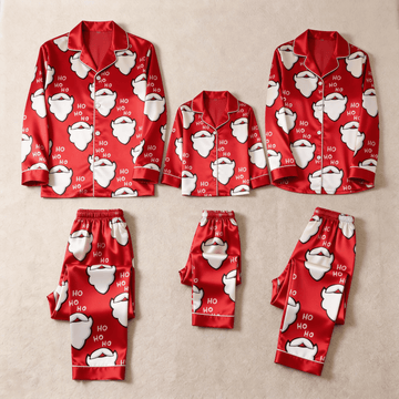 Red Santa Beard & Ho Ho Ho Text Print Satin Button-Up Family Christmas Pajamas Set