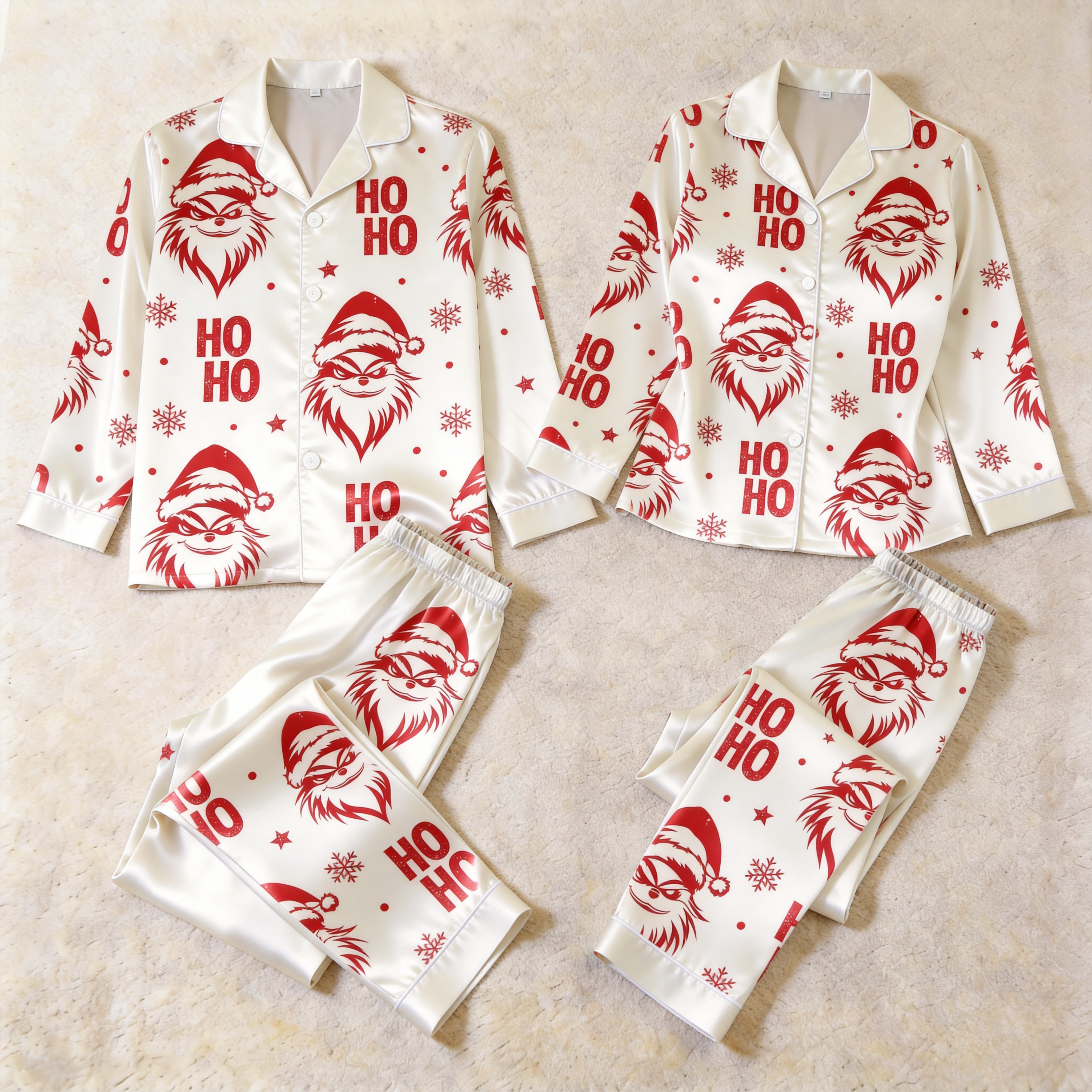 Cartoon Character Print Satin Matching Pajamas for Couples – Long Sleeve Button-Down Top & Pants Sleepwear Set