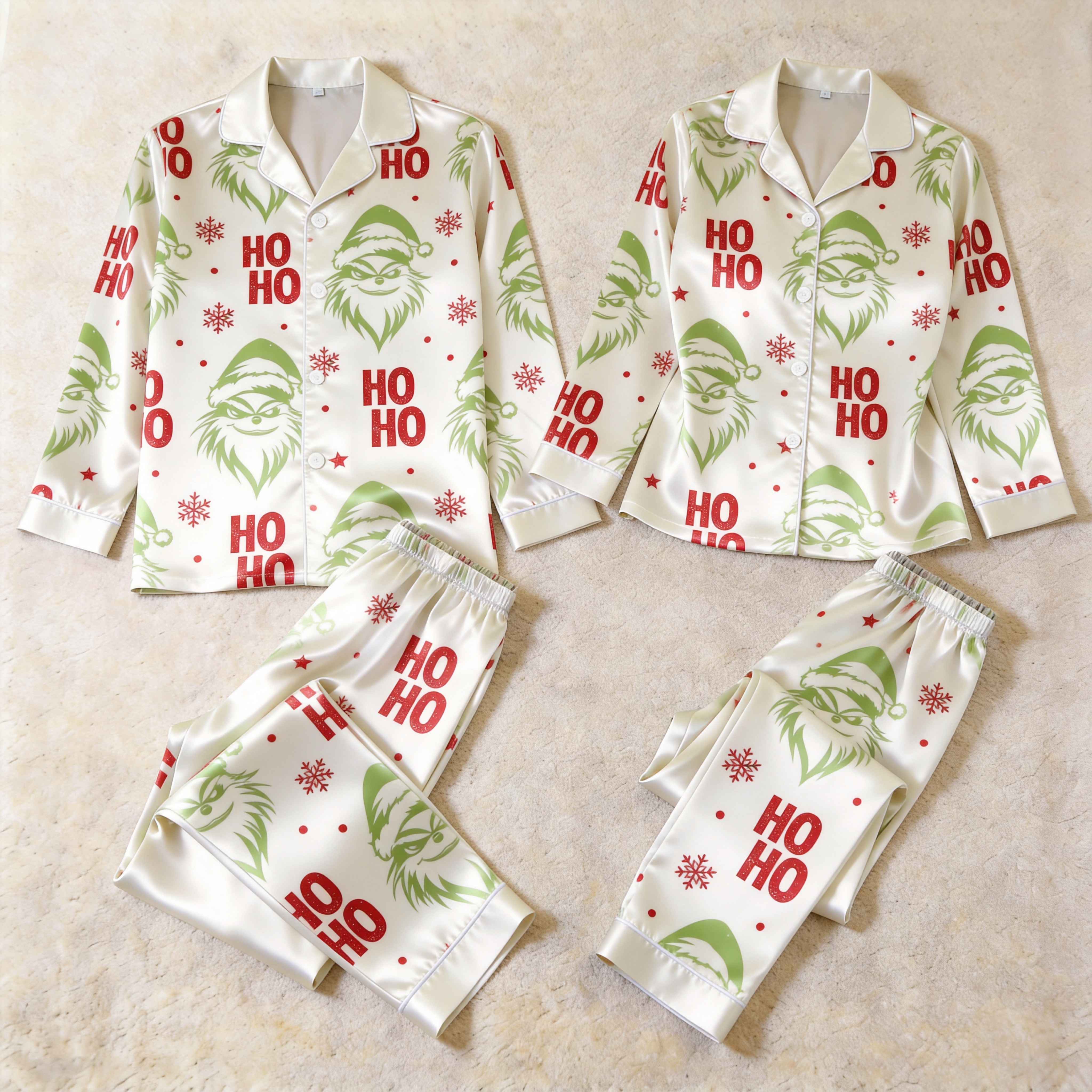 Cartoon Character Print Satin Matching Pajamas for Couples – Long Sleeve Button-Down Top & Pants Sleepwear Set