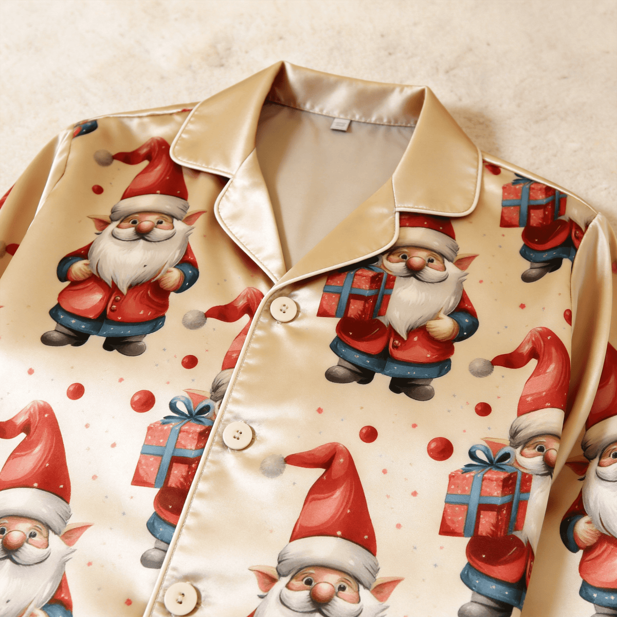 Santa Claus Gift Print Satin Matching Pajamas for Couples – Long Sleeve Button-Down Top & Pants Sleepwear Set