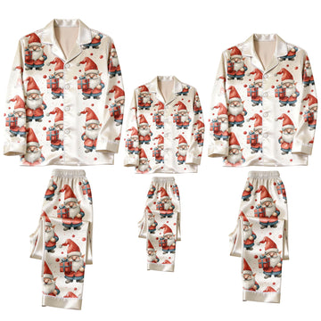 Cartoon Santa Claus & Gift Box Print Satin Button-Up Family Christmas Pajamas Set