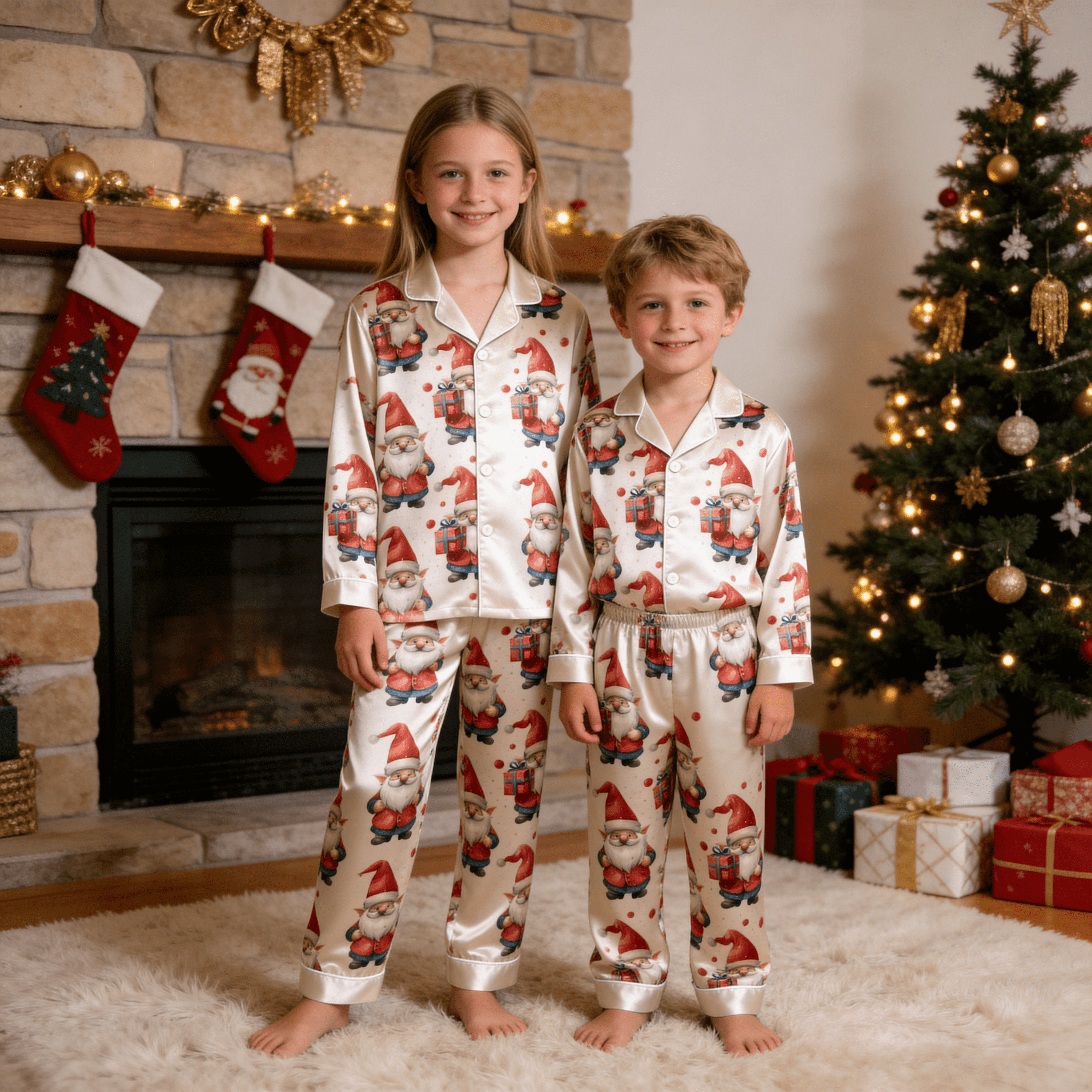 Cartoon Santa Claus & Gift Box Print Satin Button-Up Family Christmas Pajamas Set