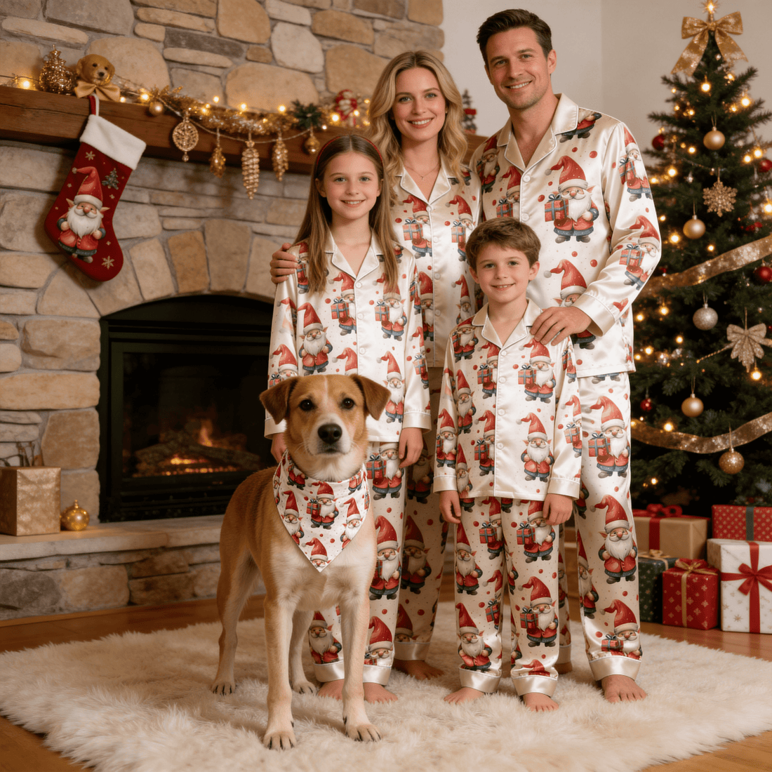 Cartoon Santa Claus & Gift Box Print Satin Button-Up Family Christmas Pajamas Set