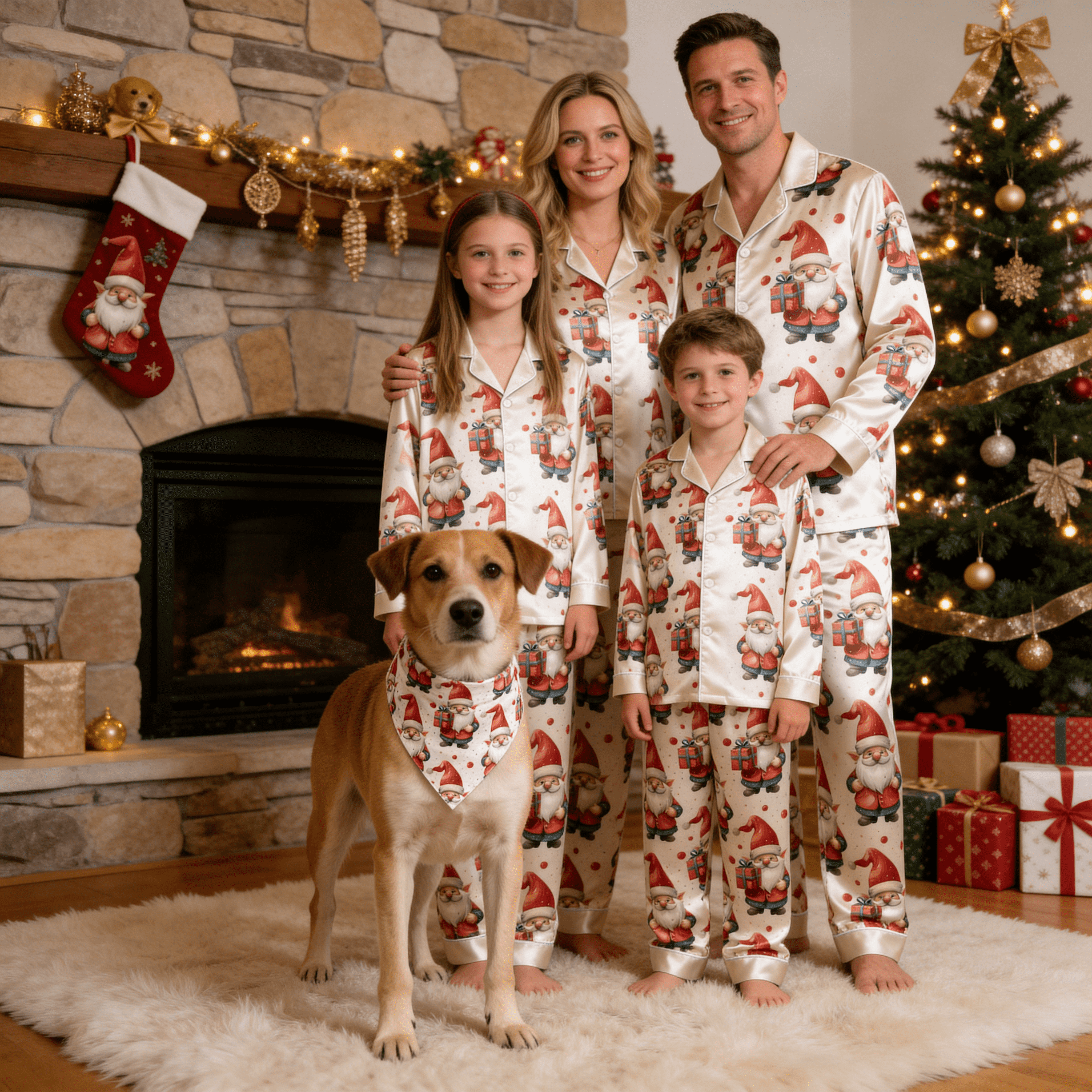 Cartoon Santa Claus & Gift Box Print Satin Button-Up Family Christmas Pajamas Set
