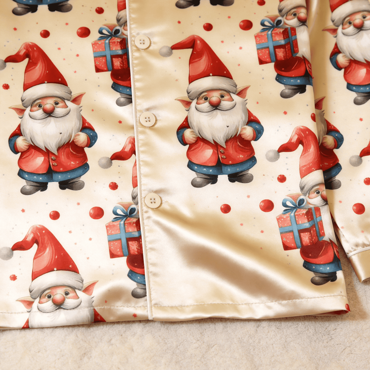 Santa Claus Gift Print Satin Matching Pajamas for Couples – Long Sleeve Button-Down Top & Pants Sleepwear Set