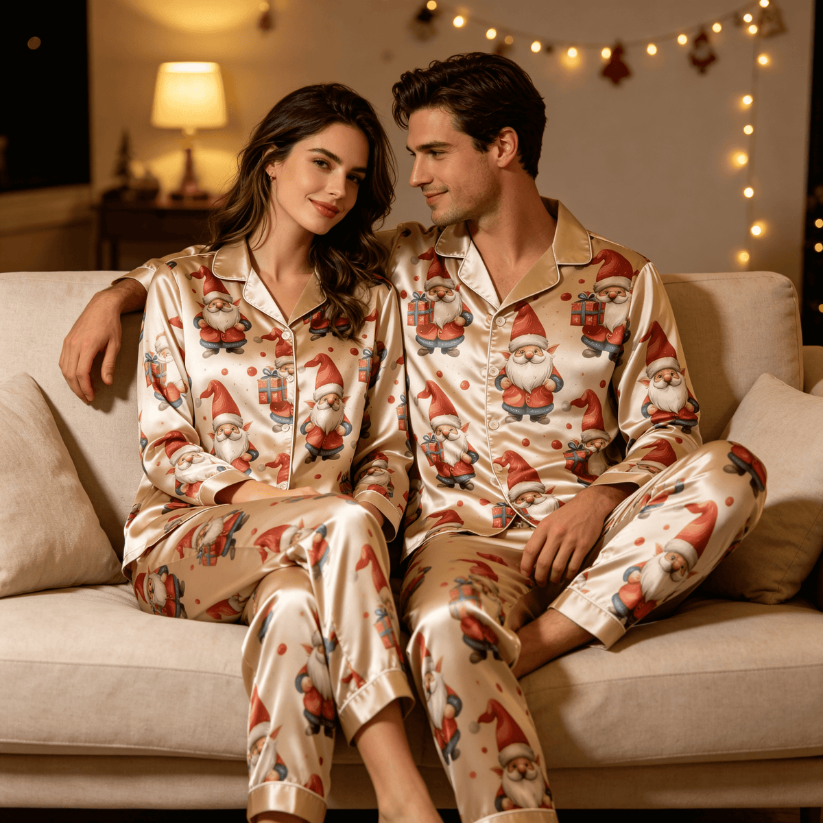 Santa Claus Gift Print Satin Matching Pajamas for Couples – Long Sleeve Button-Down Top & Pants Sleepwear Set