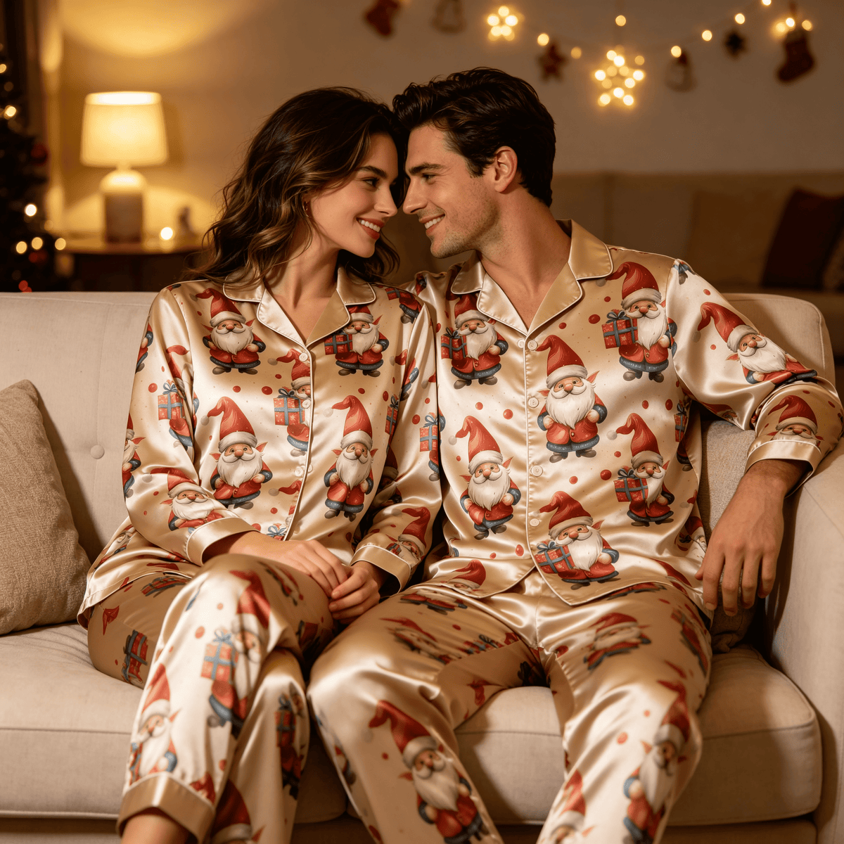 Santa Claus Gift Print Satin Matching Pajamas for Couples – Long Sleeve Button-Down Top & Pants Sleepwear Set
