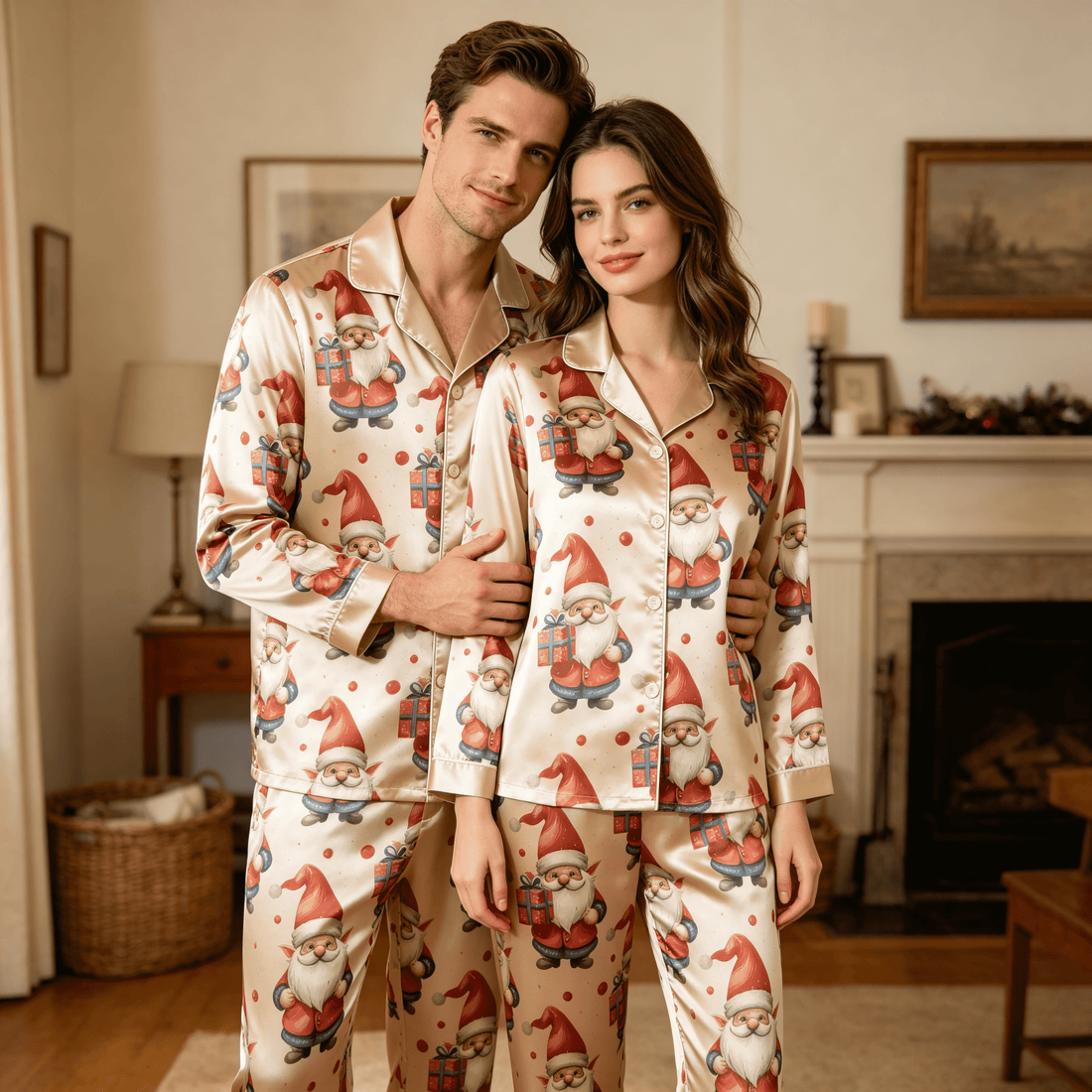 Santa Claus Gift Print Satin Matching Pajamas for Couples – Long Sleeve Button-Down Top & Pants Sleepwear Set