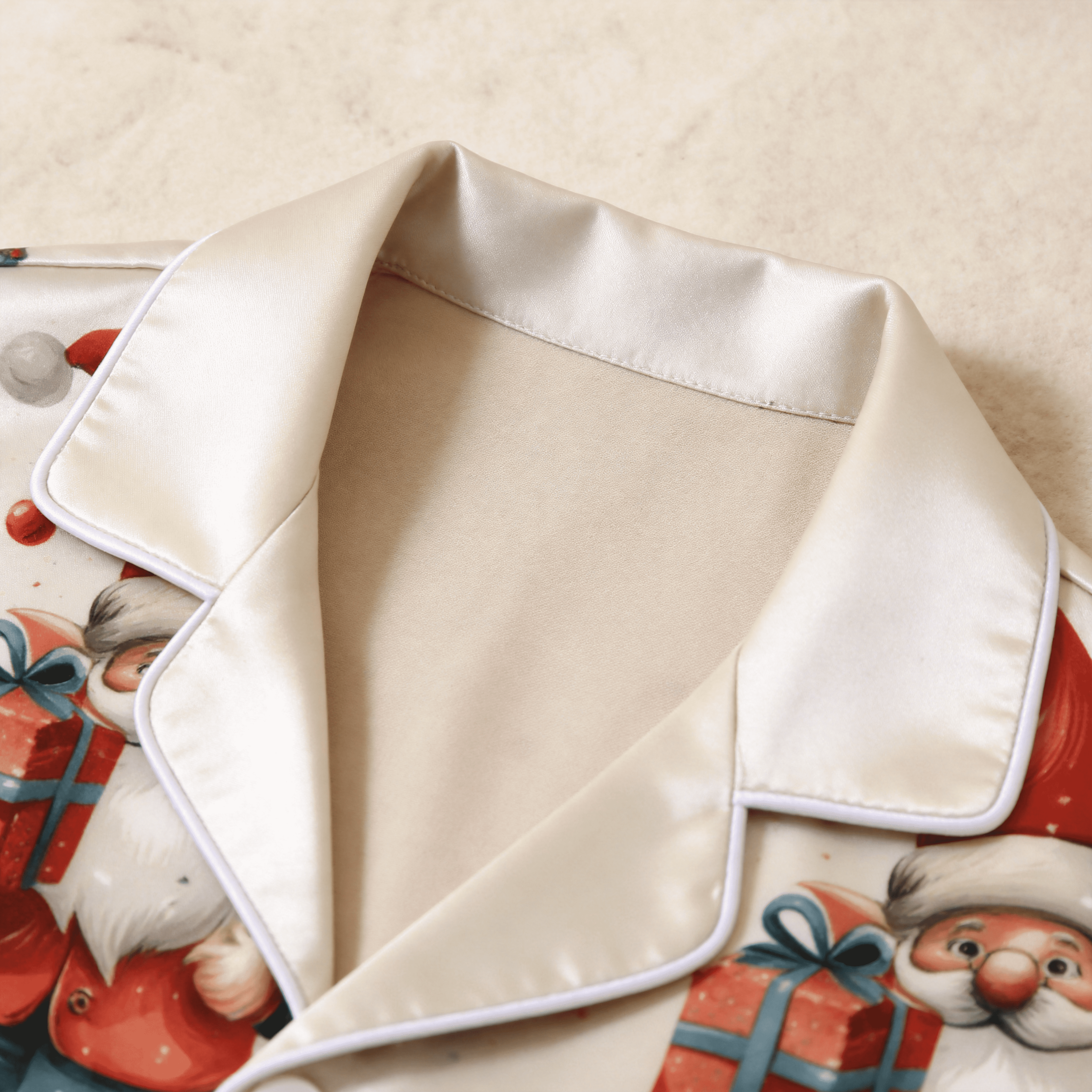Cartoon Santa Claus & Gift Box Print Satin Button-Up Family Christmas Pajamas Set