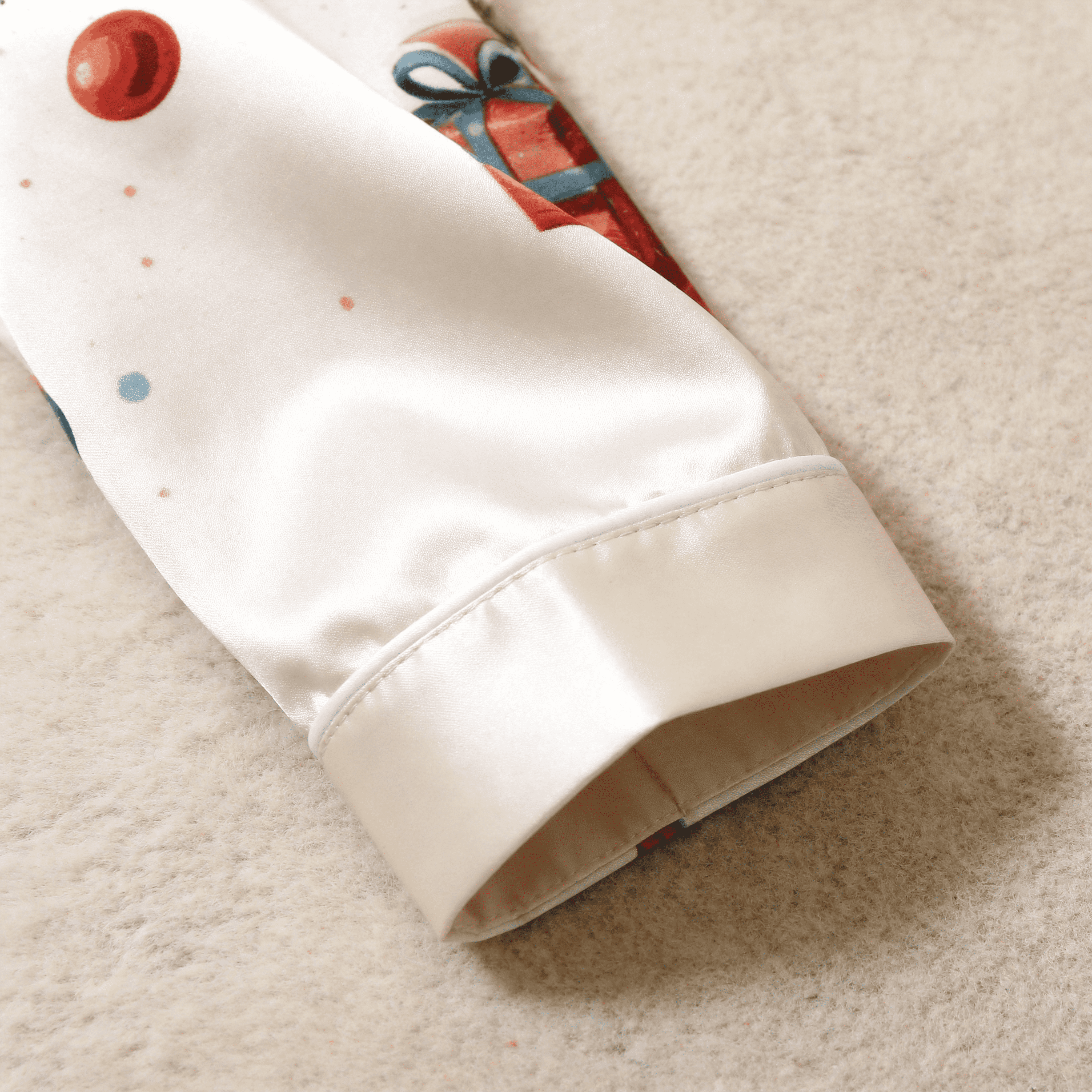 Cartoon Santa Claus & Gift Box Print Satin Button-Up Family Christmas Pajamas Set