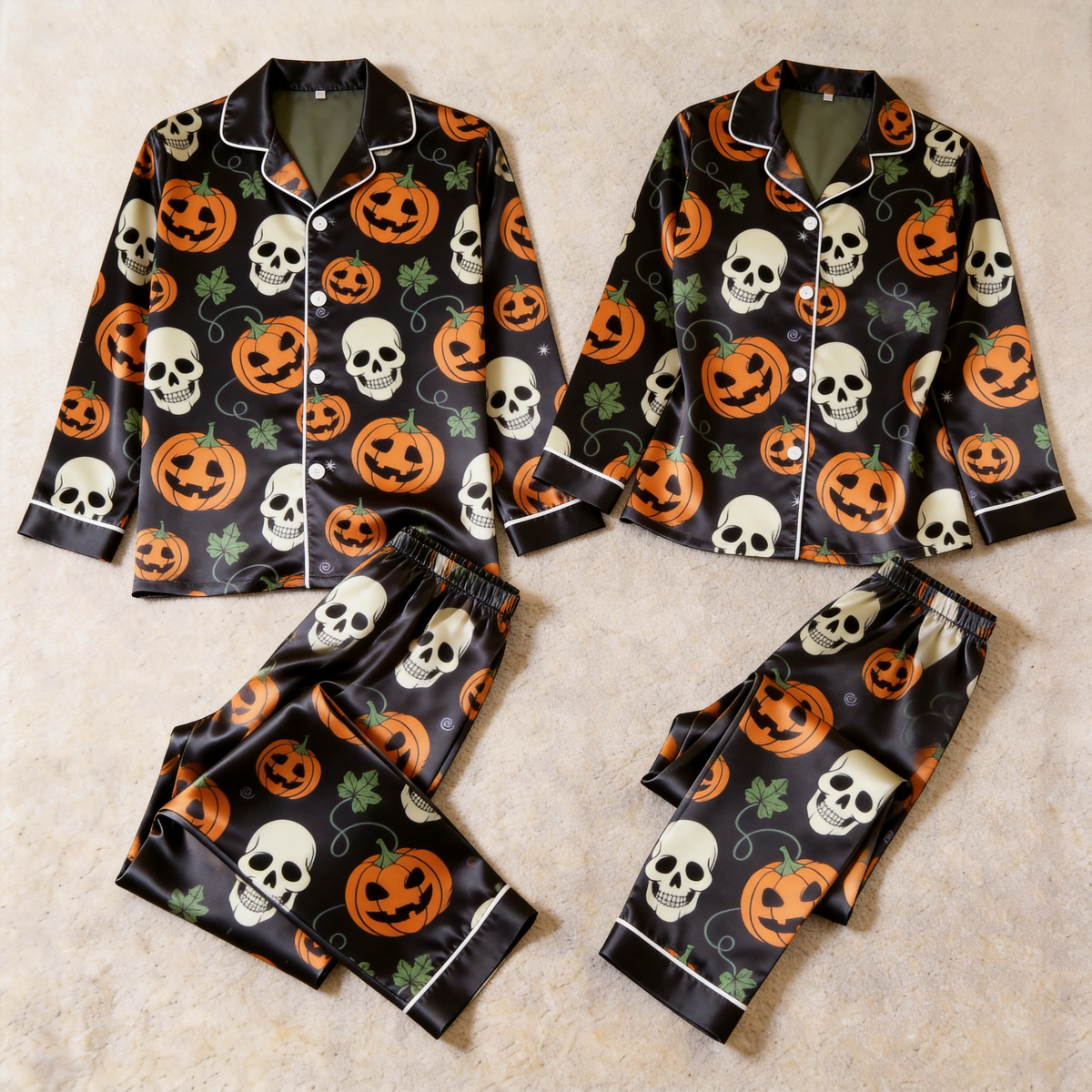 Pumpkin and Skull Print Satin Matching Pajamas for Couples – Long Sleeve Button-Down Top & Pants Sleepwear Set