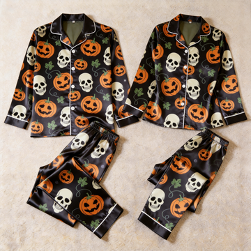 Pumpkin and Skull Print Satin Matching Pajamas for Couples – Long Sleeve Button-Down Top & Pants Sleepwear Set