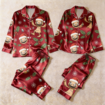 Holiday Character Print Satin Matching Pajamas for Couples – Long Sleeve Button-Down Top & Pants Sleepwear Set