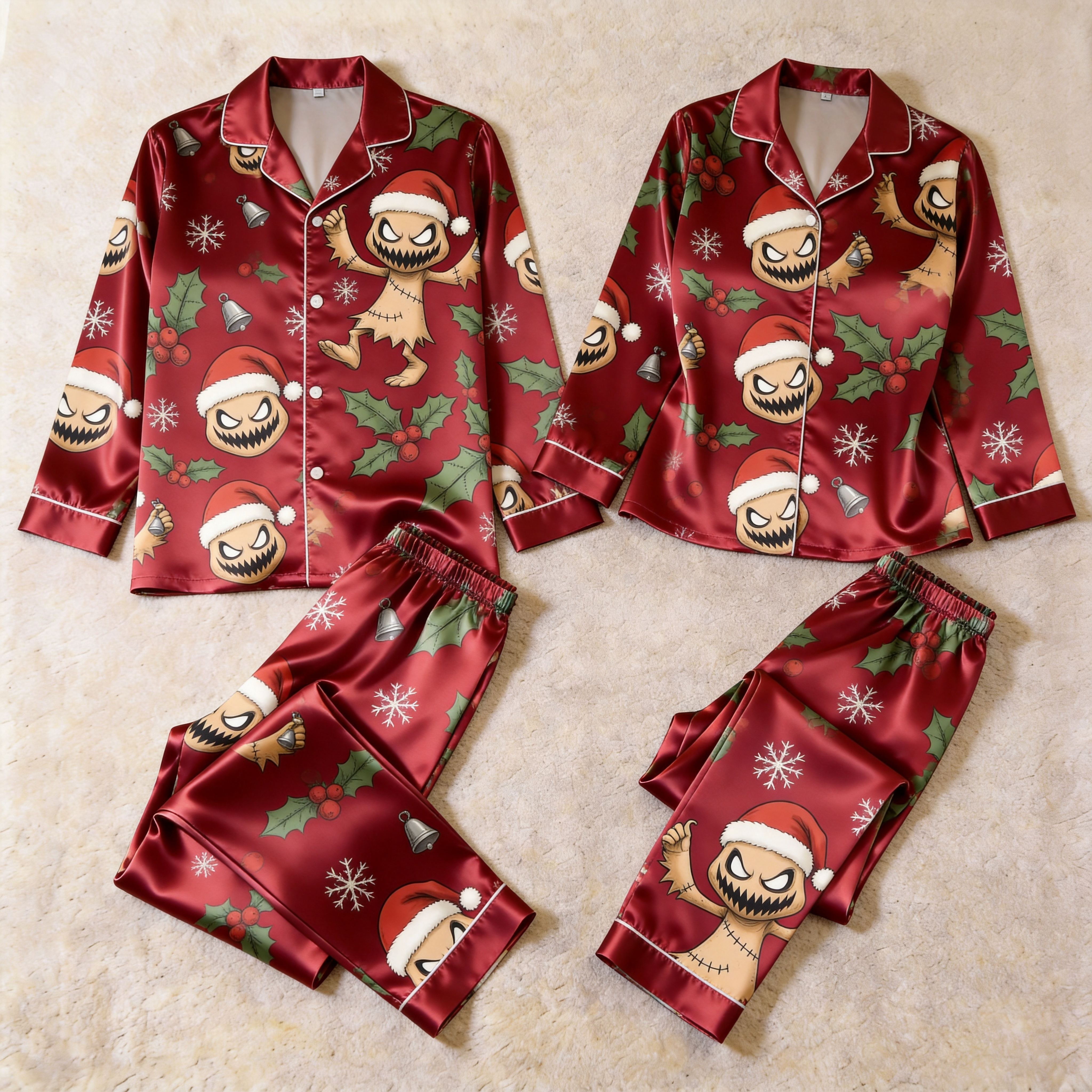 Holiday Character Print Satin Matching Pajamas for Couples – Long Sleeve Button-Down Top & Pants Sleepwear Set
