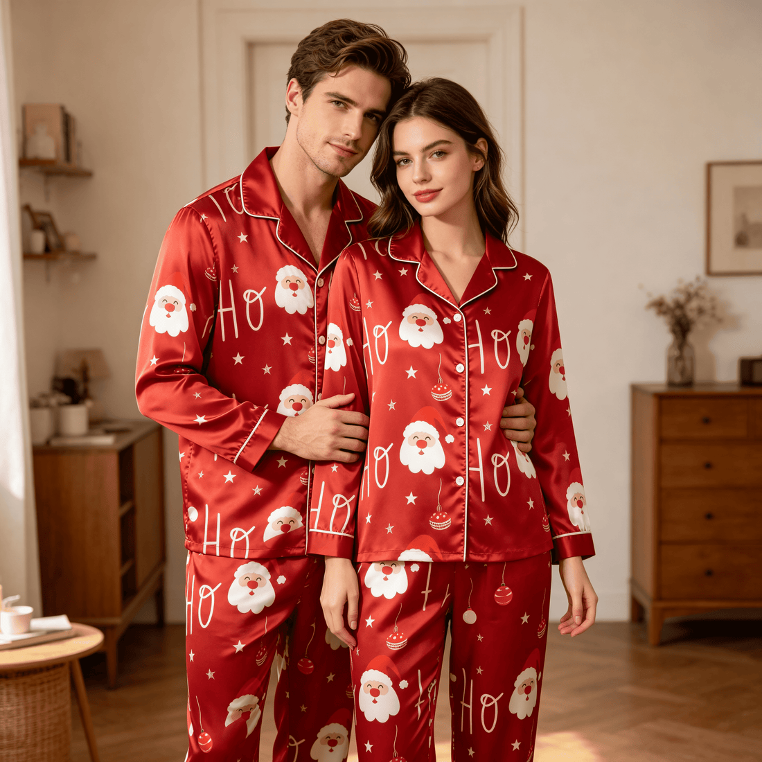 Santa Claus and "HO HO" Satin Matching Pajamas for Couples – Long Sleeve Button-Down Top & Pants Sleepwear Set