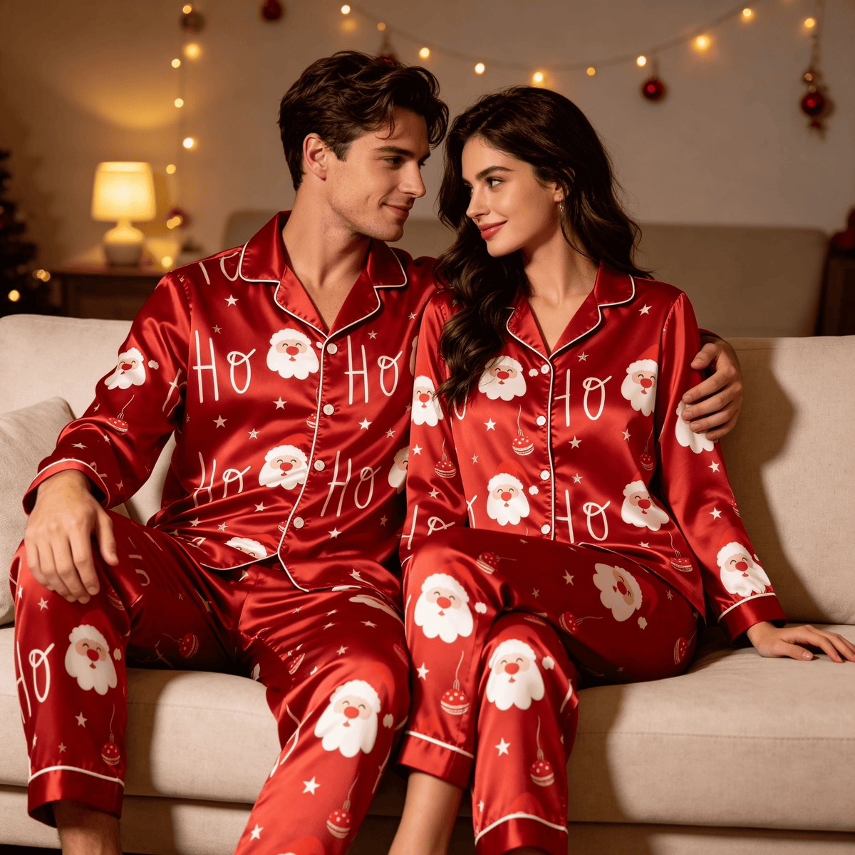 Santa Claus and "HO HO" Satin Matching Pajamas for Couples – Long Sleeve Button-Down Top & Pants Sleepwear Set