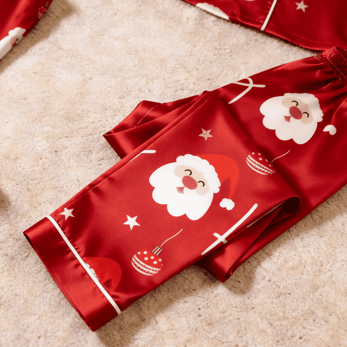 Santa Claus and "HO HO" Satin Matching Pajamas for Couples – Long Sleeve Button-Down Top & Pants Sleepwear Set