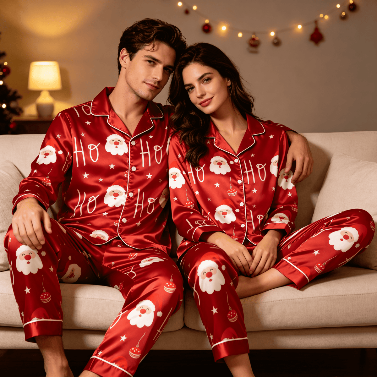 Santa Claus and "HO HO" Satin Matching Pajamas for Couples – Long Sleeve Button-Down Top & Pants Sleepwear Set