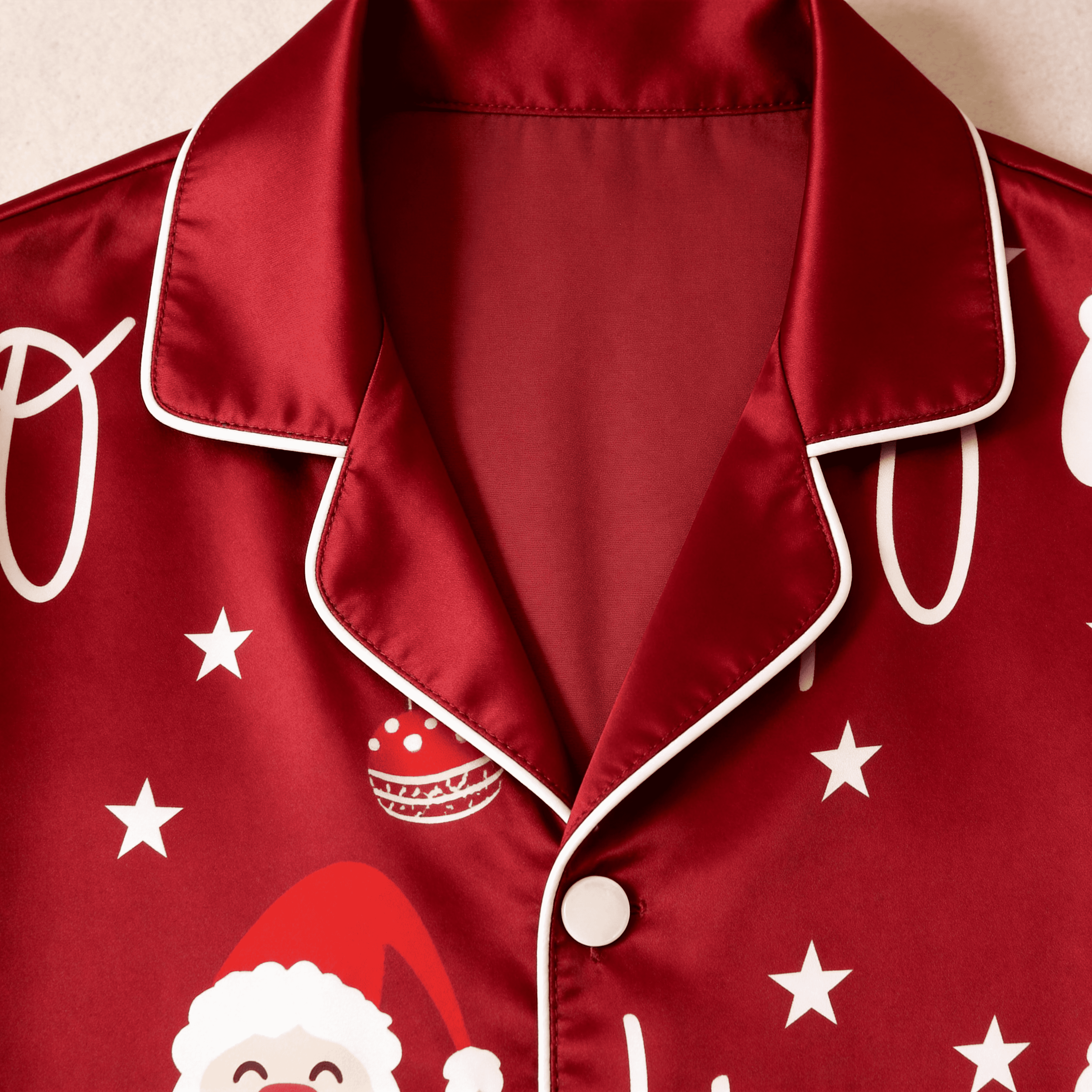 Red Santa Face, Star & Ornament Print Satin Button-Up Family Christmas Pajamas Set