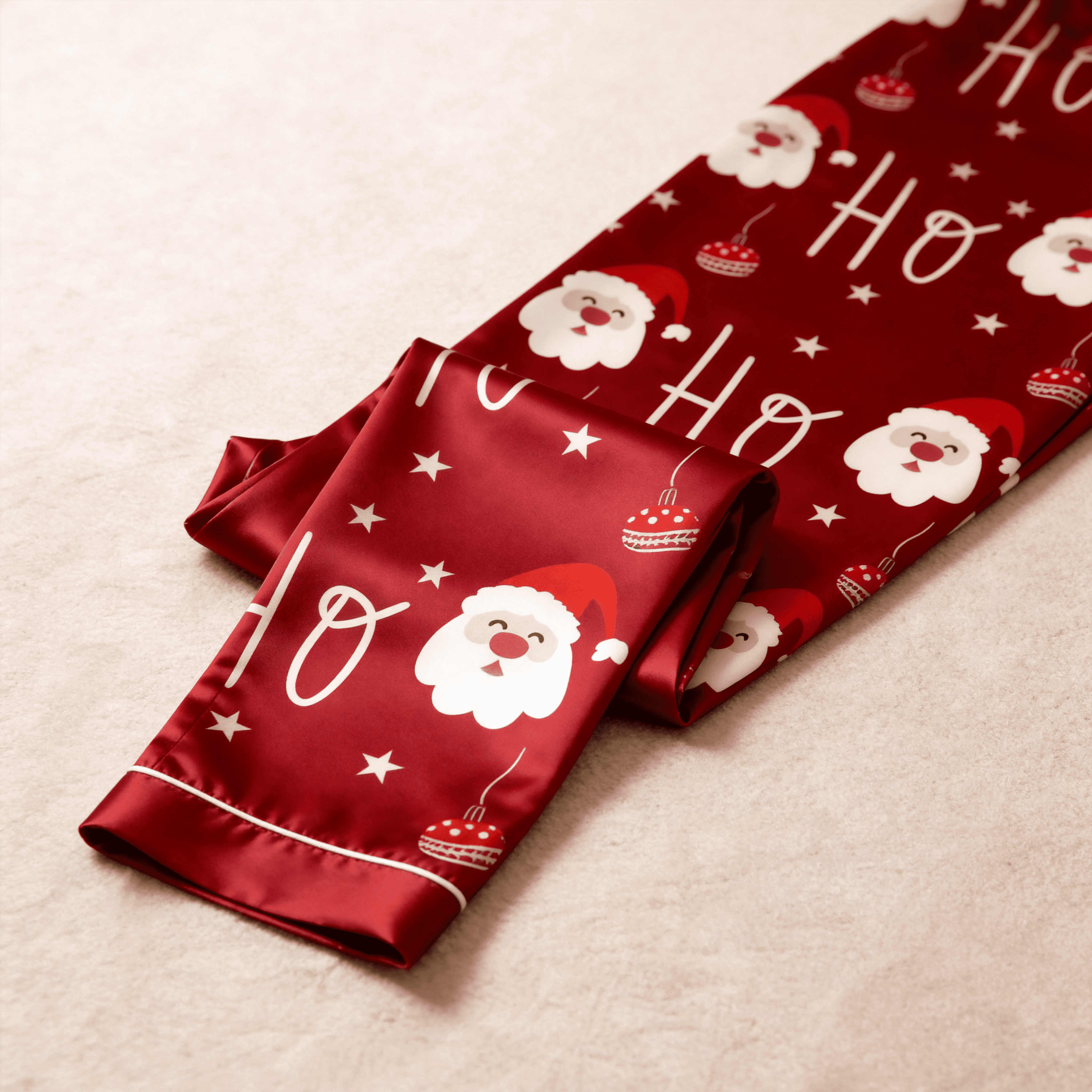 Red Santa Face, Star & Ornament Print Satin Button-Up Family Christmas Pajamas Set