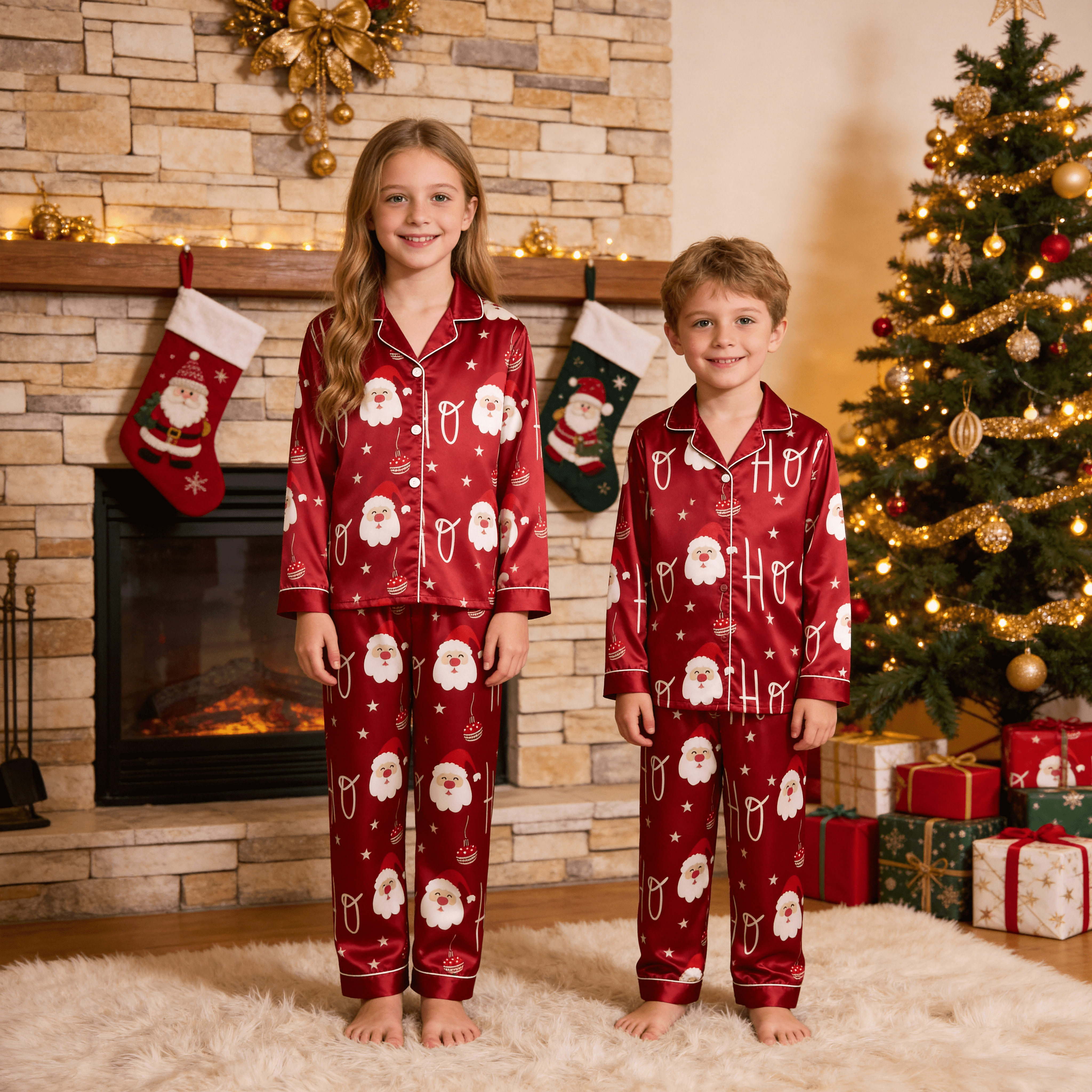 Red Santa Face, Star & Ornament Print Satin Button-Up Family Christmas Pajamas Set
