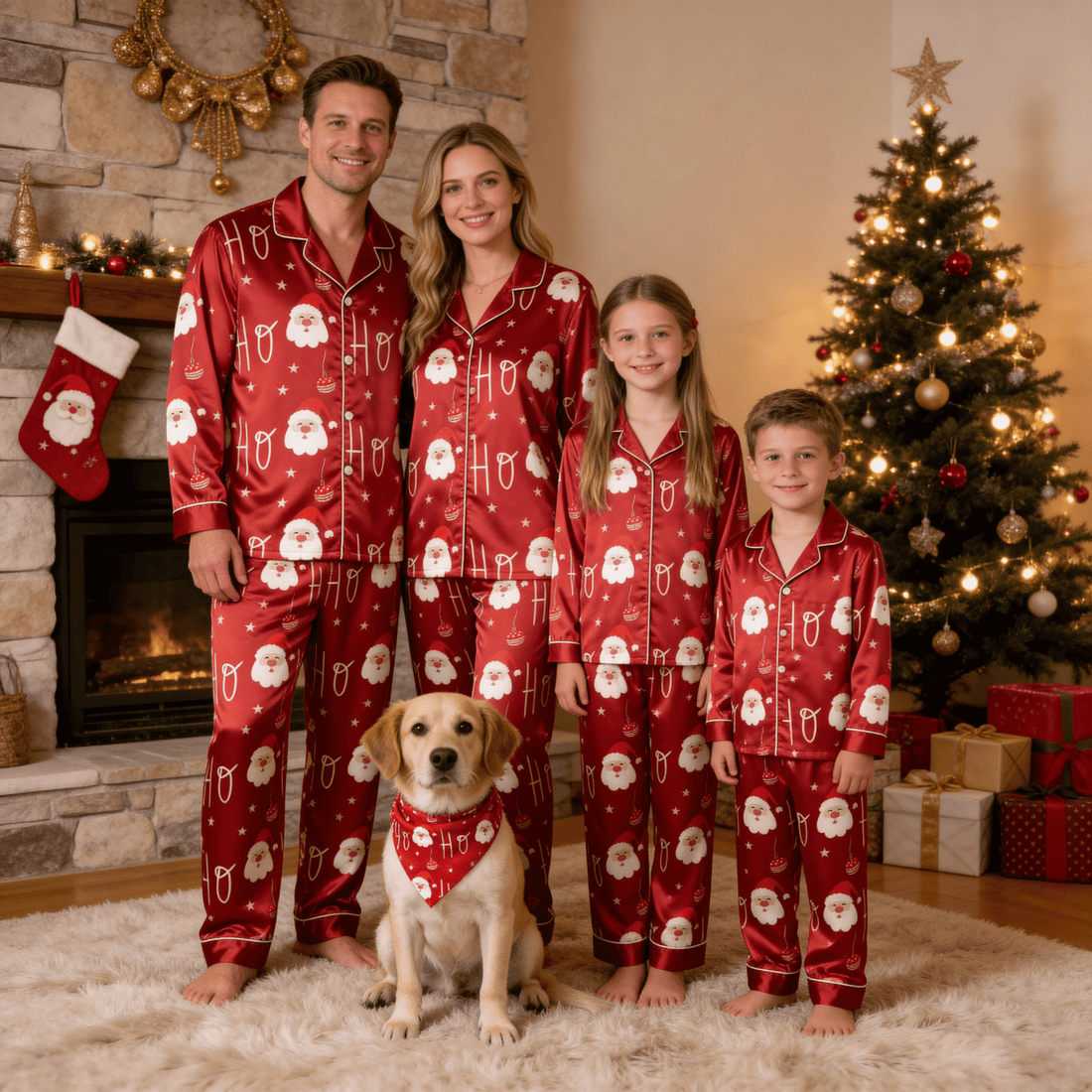Red Santa Face, Star & Ornament Print Satin Button-Up Family Christmas Pajamas Set