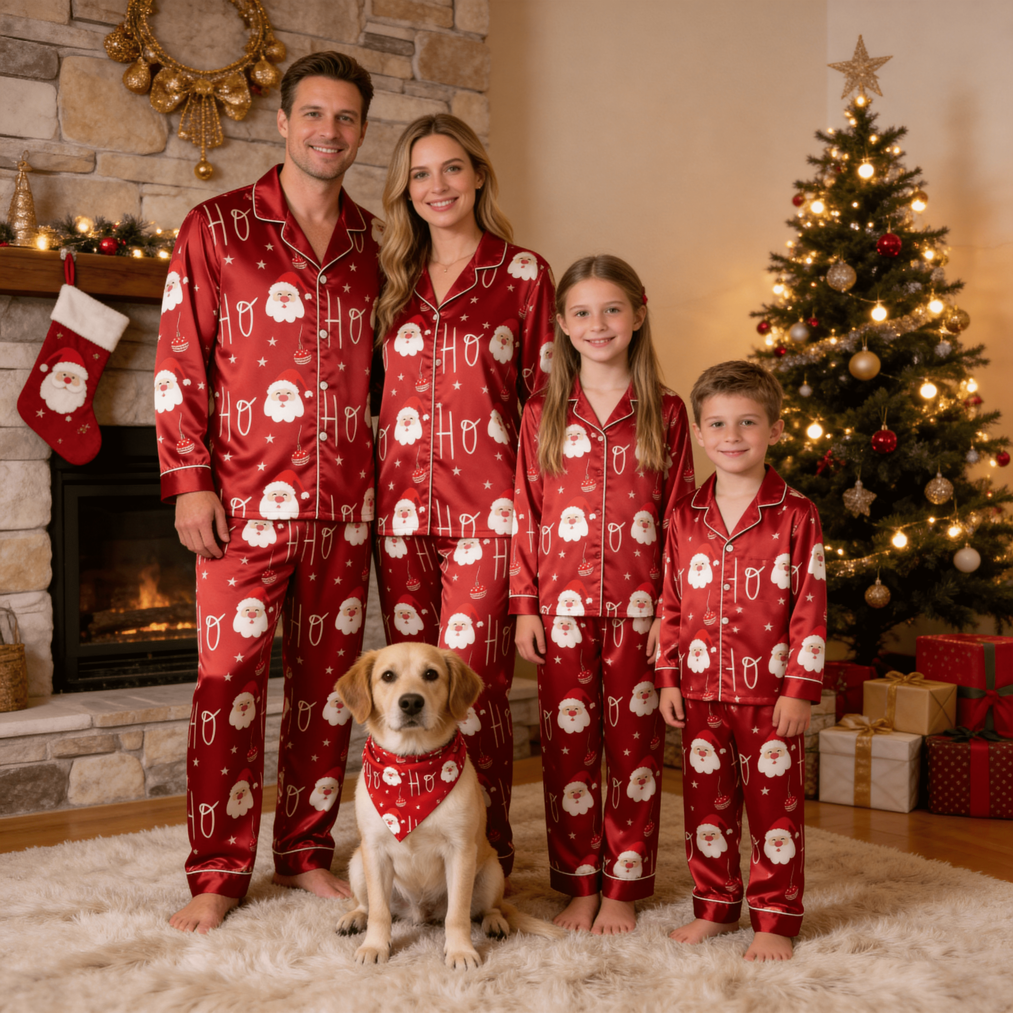 Red Santa Face, Star & Ornament Print Satin Button-Up Family Christmas Pajamas Set