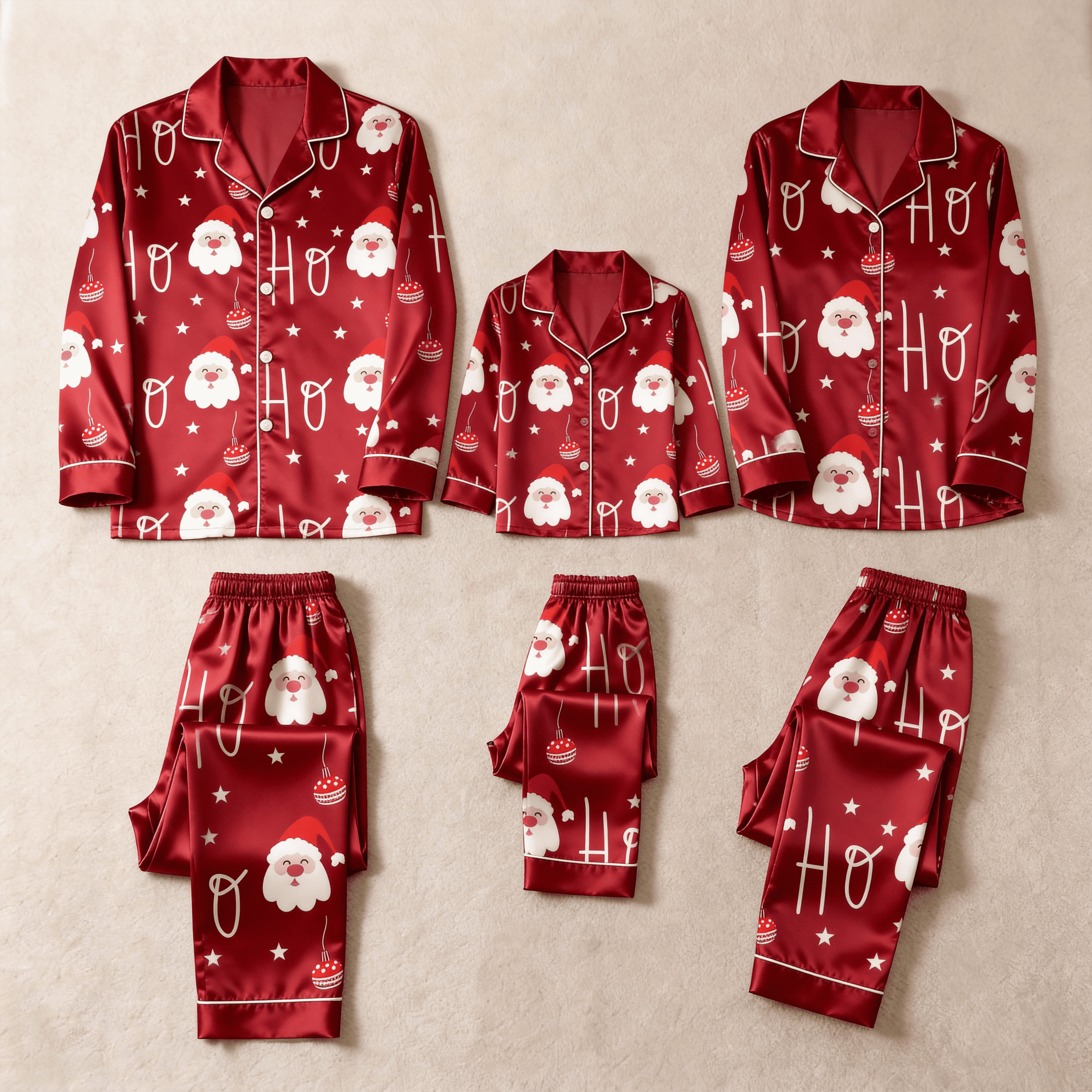 Red Santa Face, Star & Ornament Print Satin Button-Up Family Christmas Pajamas Set