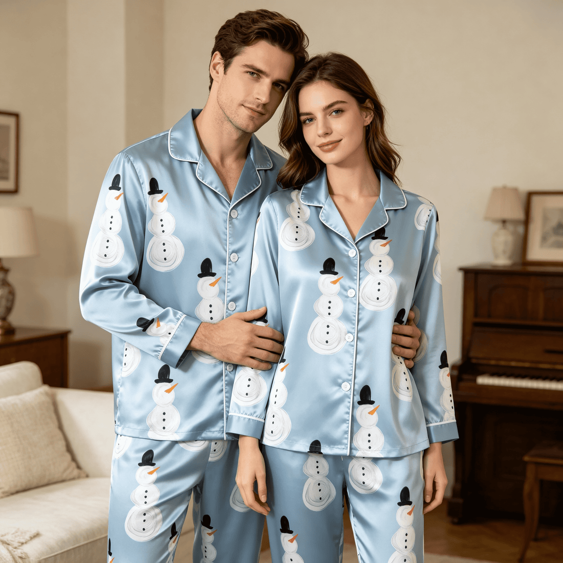 Snowman Print Satin Matching Pajamas for Couples – Long Sleeve Button-Down Top & Pants Sleepwear Set