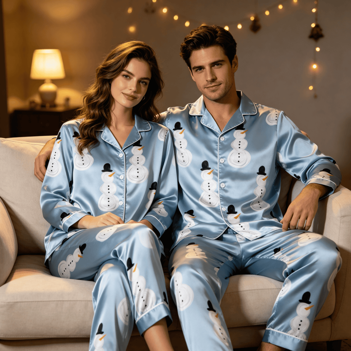 Snowman Print Satin Matching Pajamas for Couples – Long Sleeve Button-Down Top & Pants Sleepwear Set