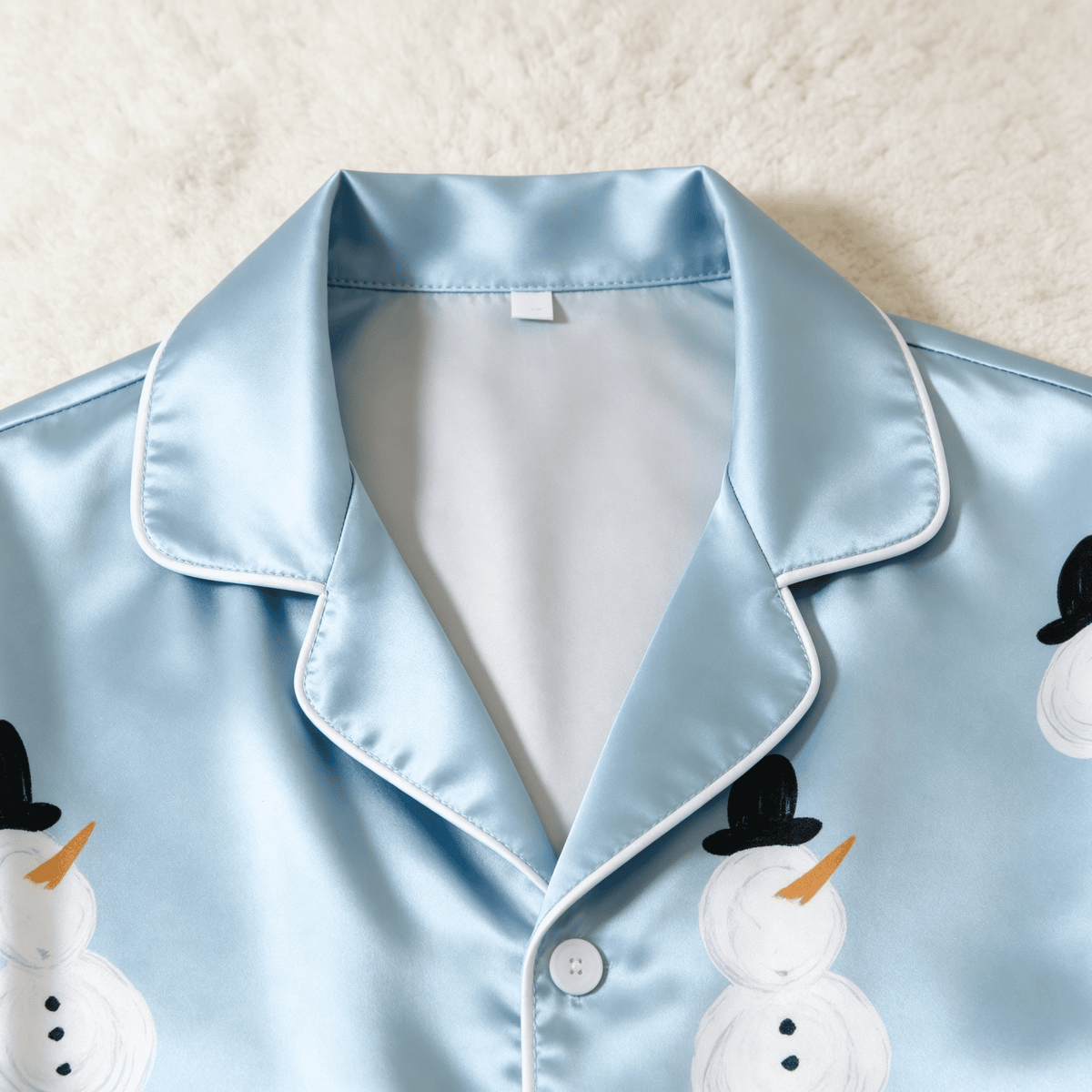 Snowman Print Satin Matching Pajamas for Couples – Long Sleeve Button-Down Top & Pants Sleepwear Set