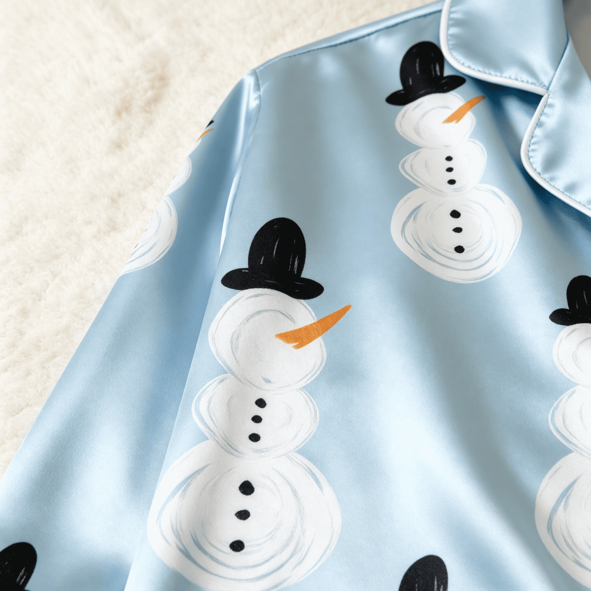 Snowman Print Satin Matching Pajamas for Couples – Long Sleeve Button-Down Top & Pants Sleepwear Set