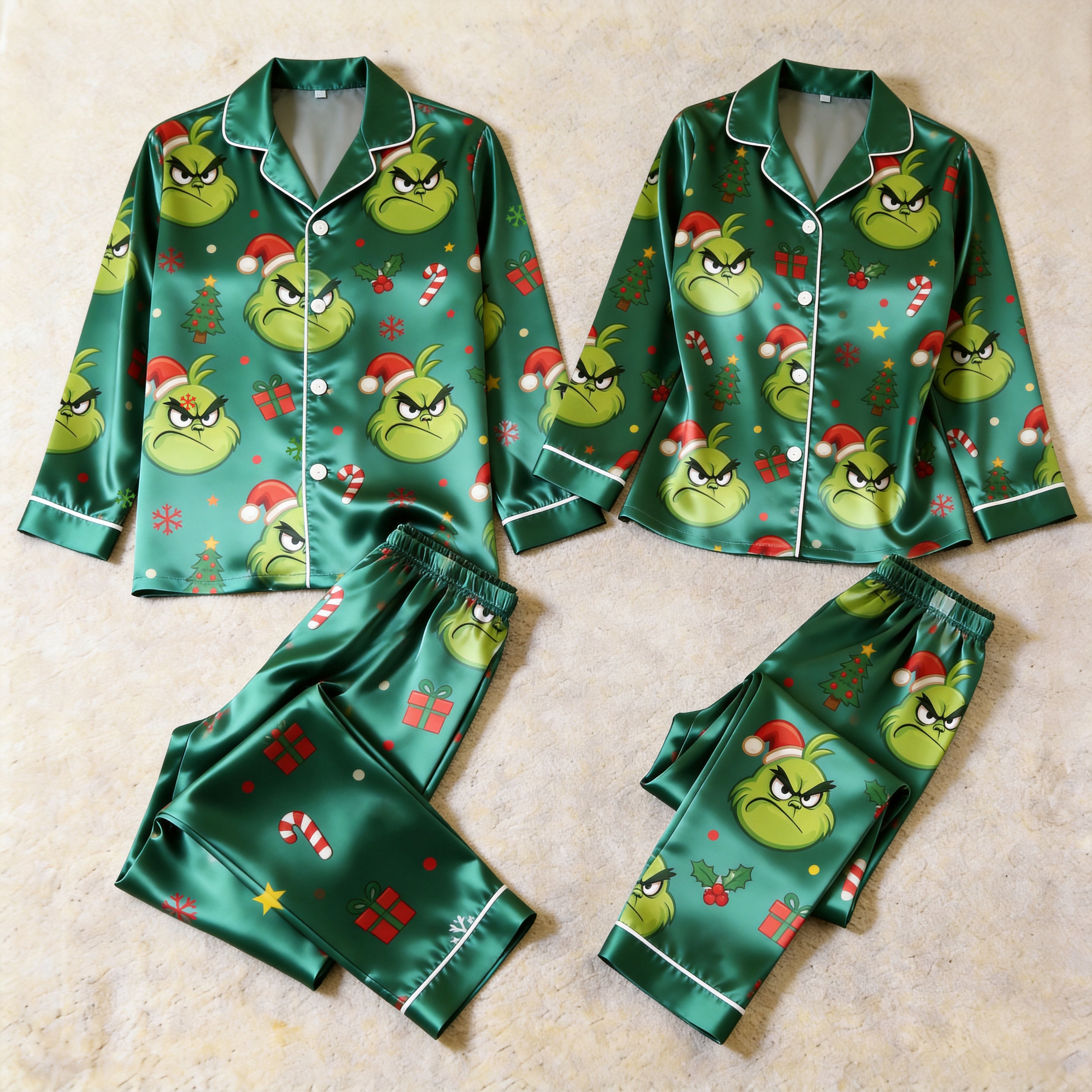 Cartoon Character and Holiday Elements Print Satin Matching Pajamas for Couples – Long Sleeve Button-Down Top & Pants Sleepwear Set